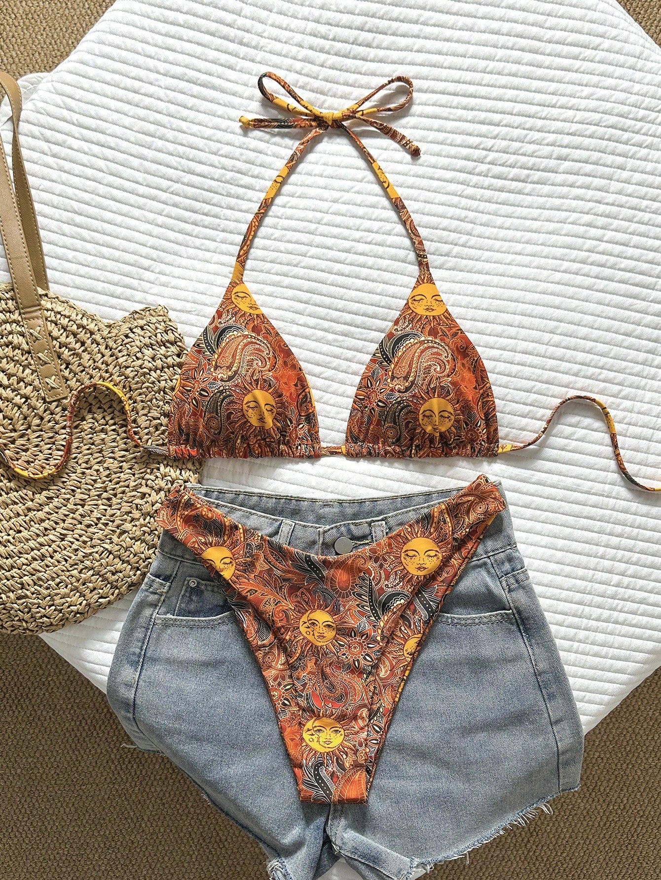 Swim Vcay Women's Tropical Print Halter Neck Bikini Set, Cute Triangle Top And B