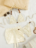Swim Vcay 3pcs/Set Summer Vacation Sexy Pearl Halter Backless