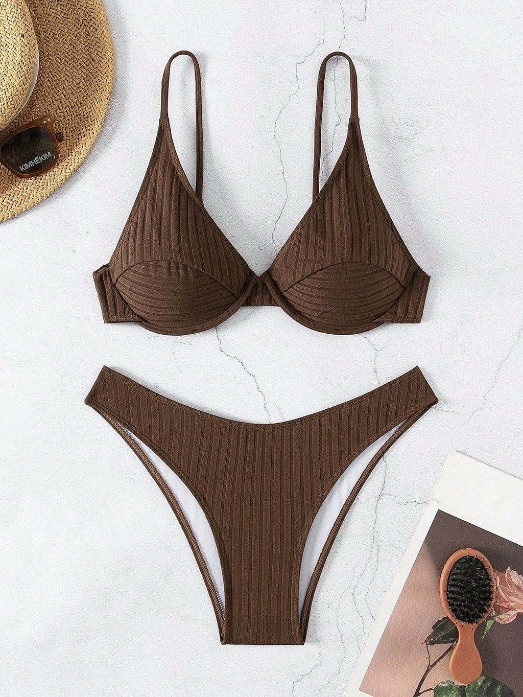Swim Women Summer Beach Solid Simple Ribbed Bikini Set For Daily Use - image 8