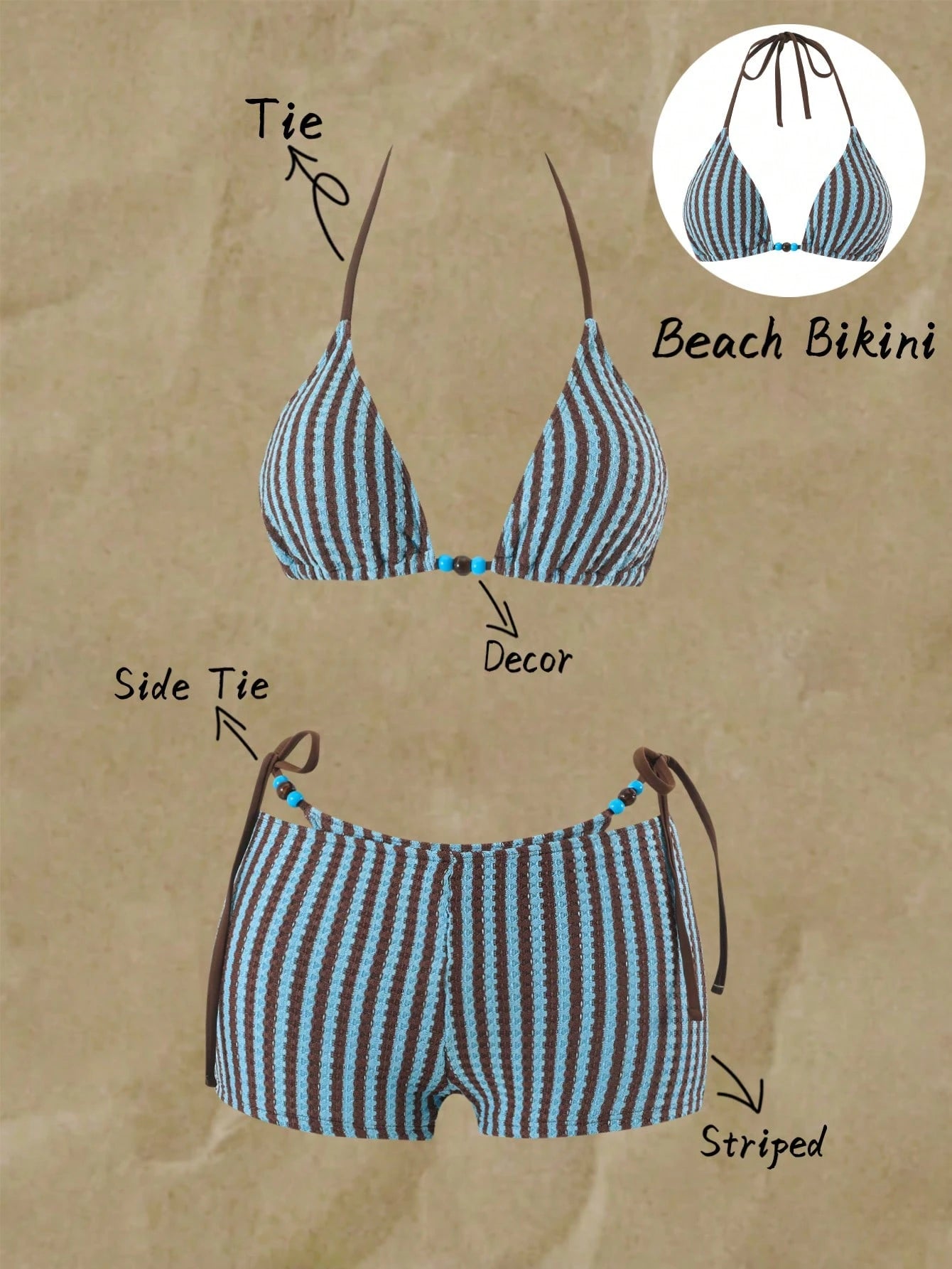 Bonvoyette Women's Chocolate Brown Contrast Striped Textured Bikini