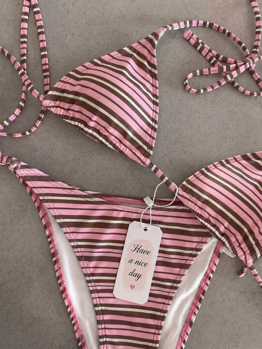 Retro Navy Blue & Black Striped Spaghetti Strap Tie Bikini Set, Sexy