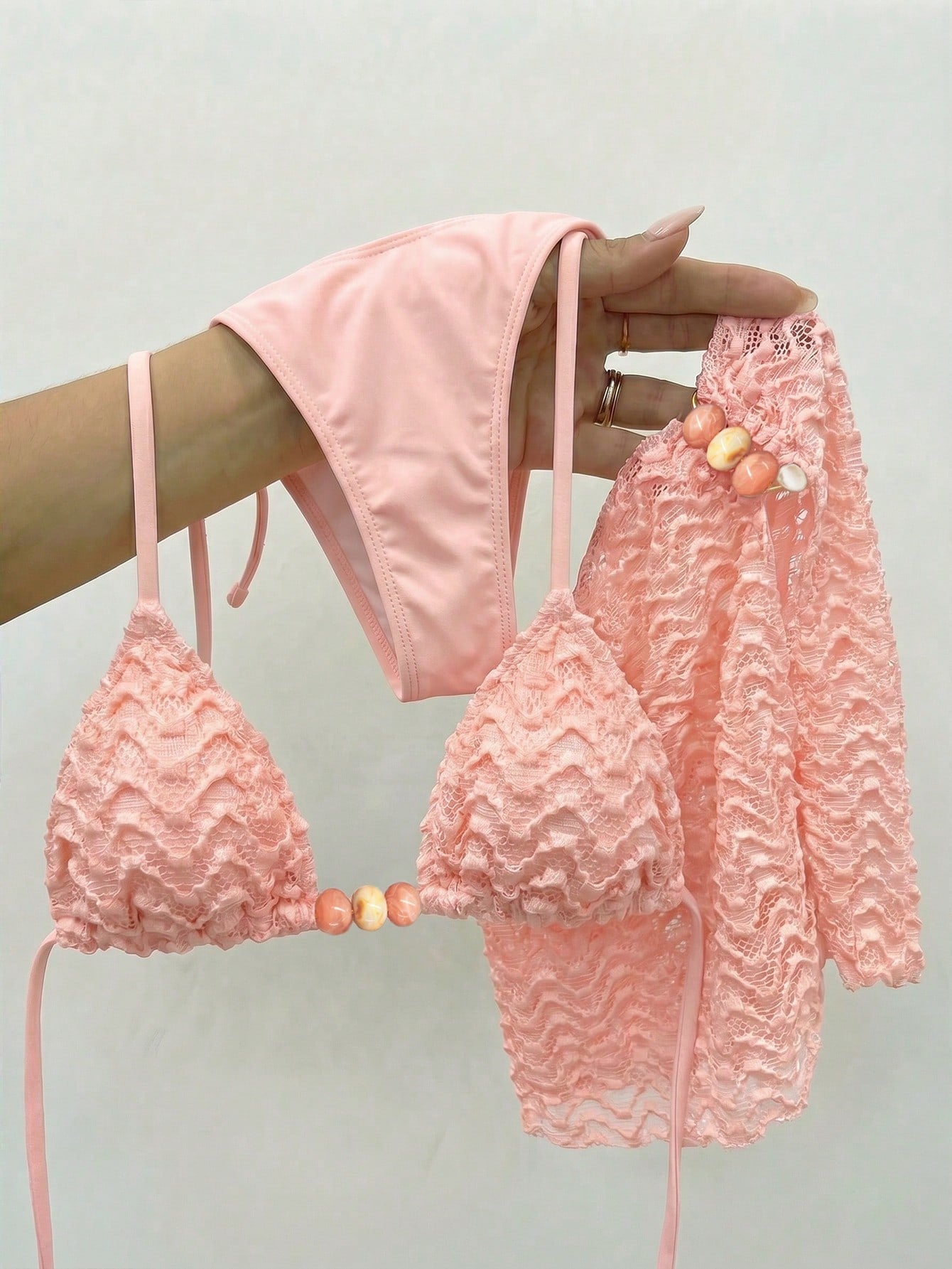 Bikinx 3pcs Women's Summer Wavy Backless Bikini Set, Including Beaded