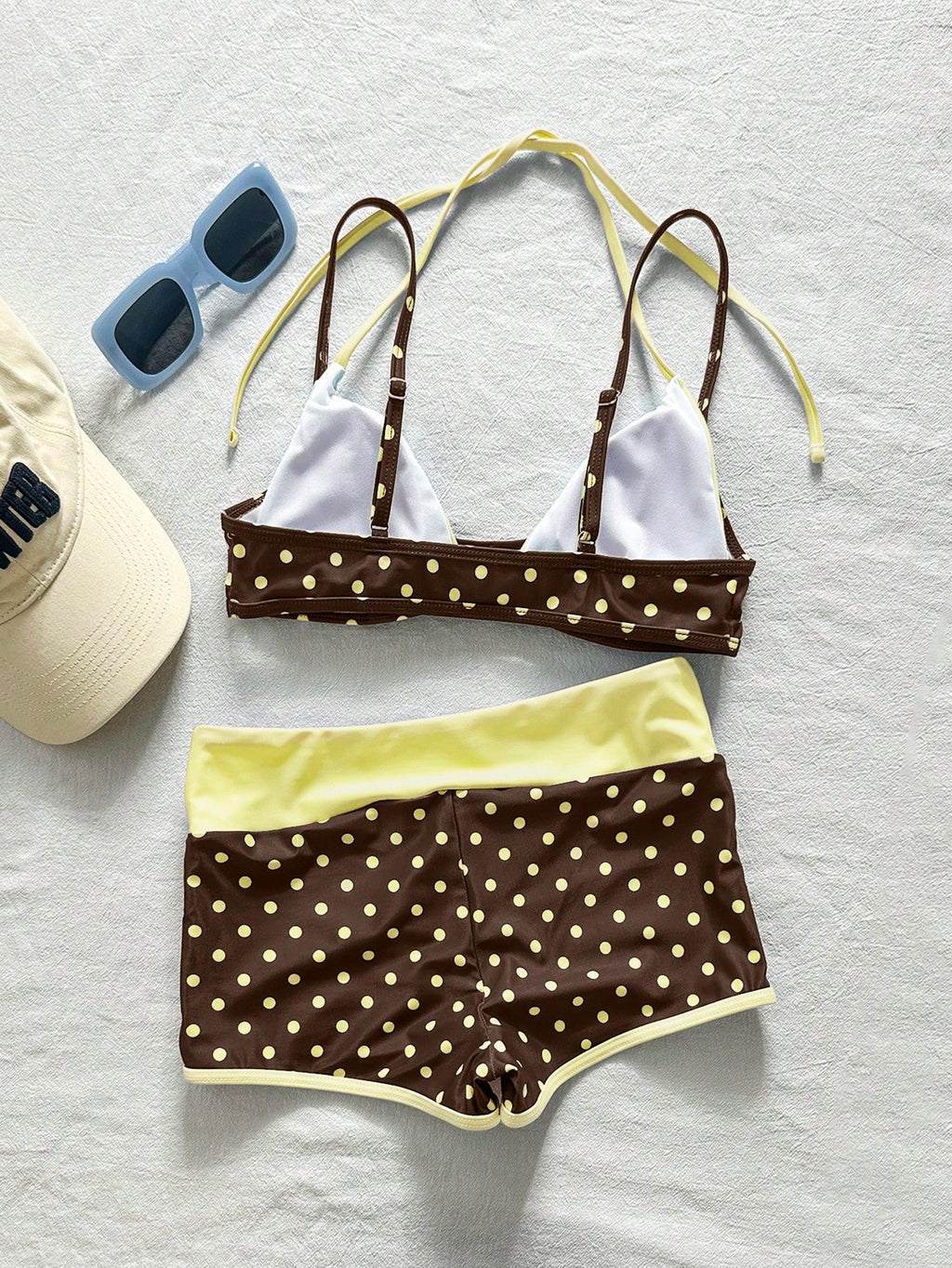 Bonvoyette 2pcs Women's Swimwear Bikini, Blue Yellow Graphic Polka Dot Striped Swimshorts For Boho Vacation, - image 13