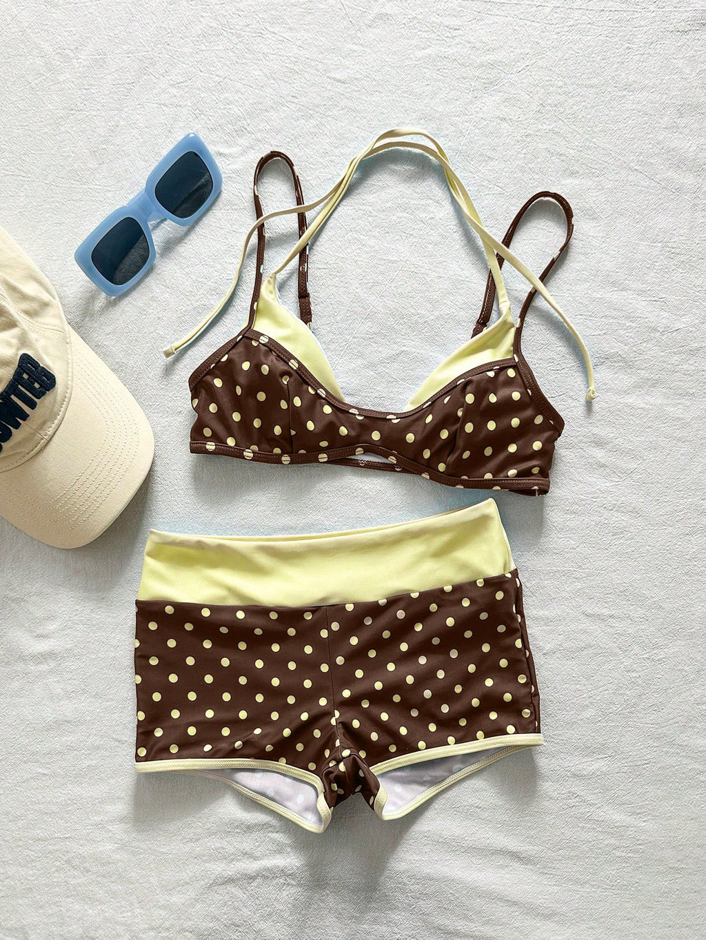 Bonvoyette 2pcs Women's Swimwear Bikini, Blue Yellow Graphic Polka