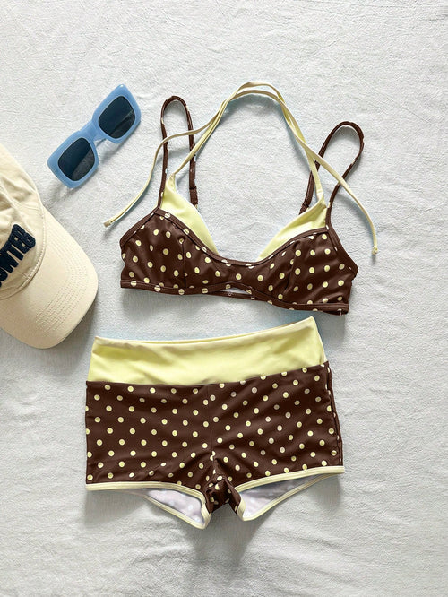 Bonvoyette 2pcs Women's Swimwear Bikini, Blue Yellow Graphic Polka