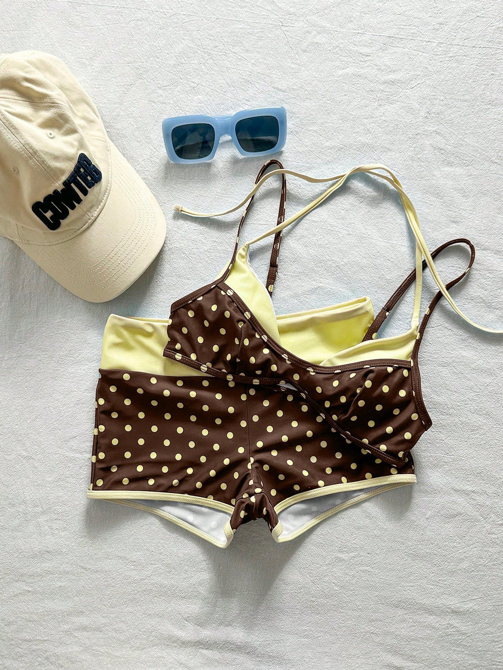 Bonvoyette 2pcs Women's Swimwear Bikini, Blue Yellow Graphic Polka
