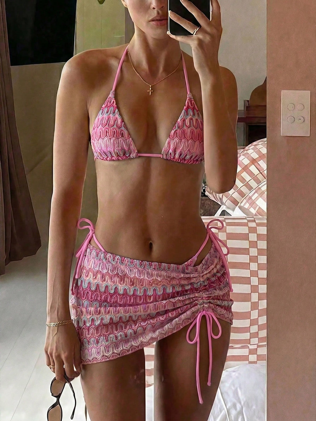 Bikinx Women's Wavy Pattern Backless Sexy Bikini Set With Cover-Up