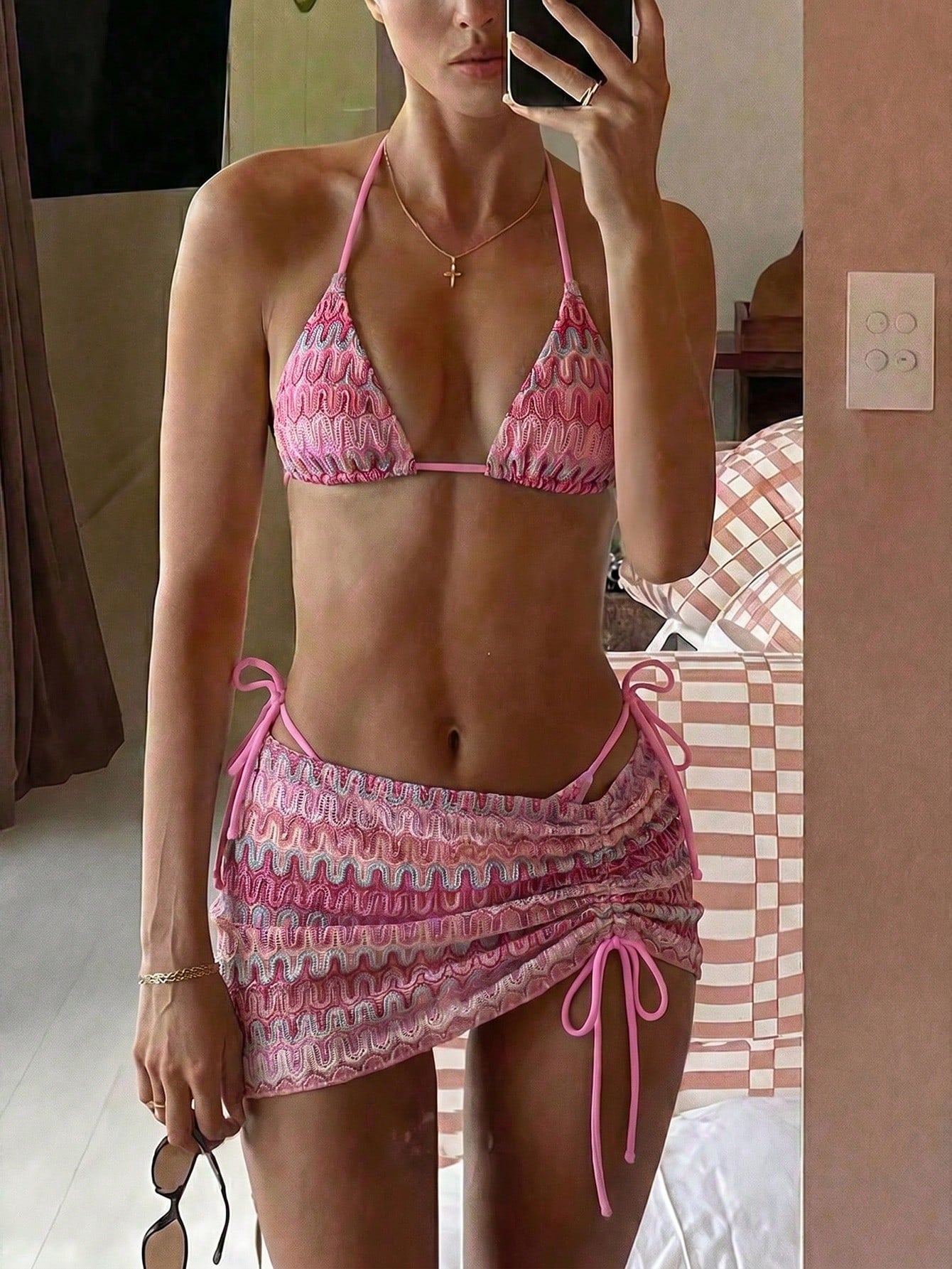 Bikinx Women's Wavy Pattern Backless Sexy Bikini Set With Cover-Up