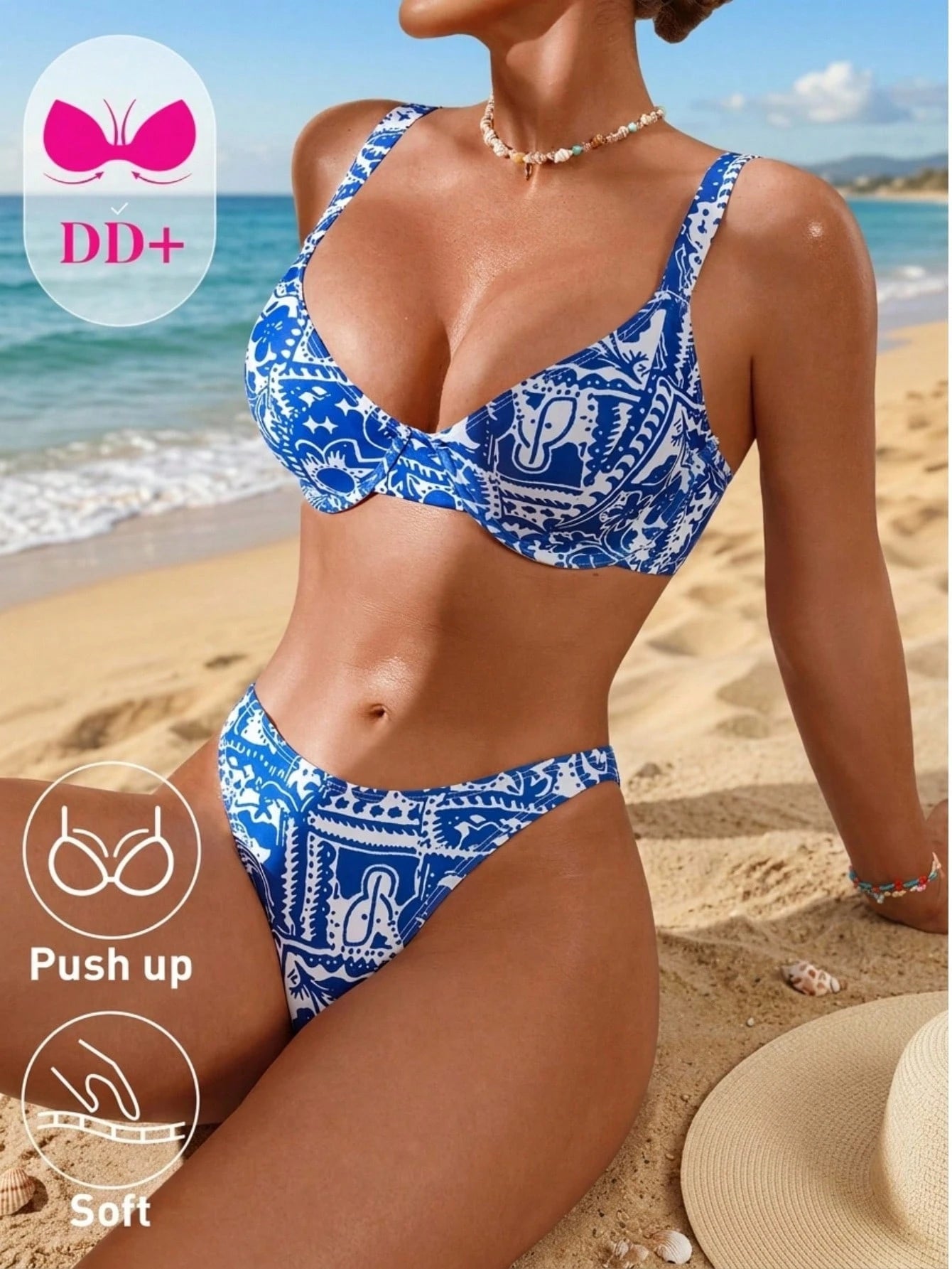 Swim DD+ Women's White With Black Polka Dots Bikini Set,70s Retro