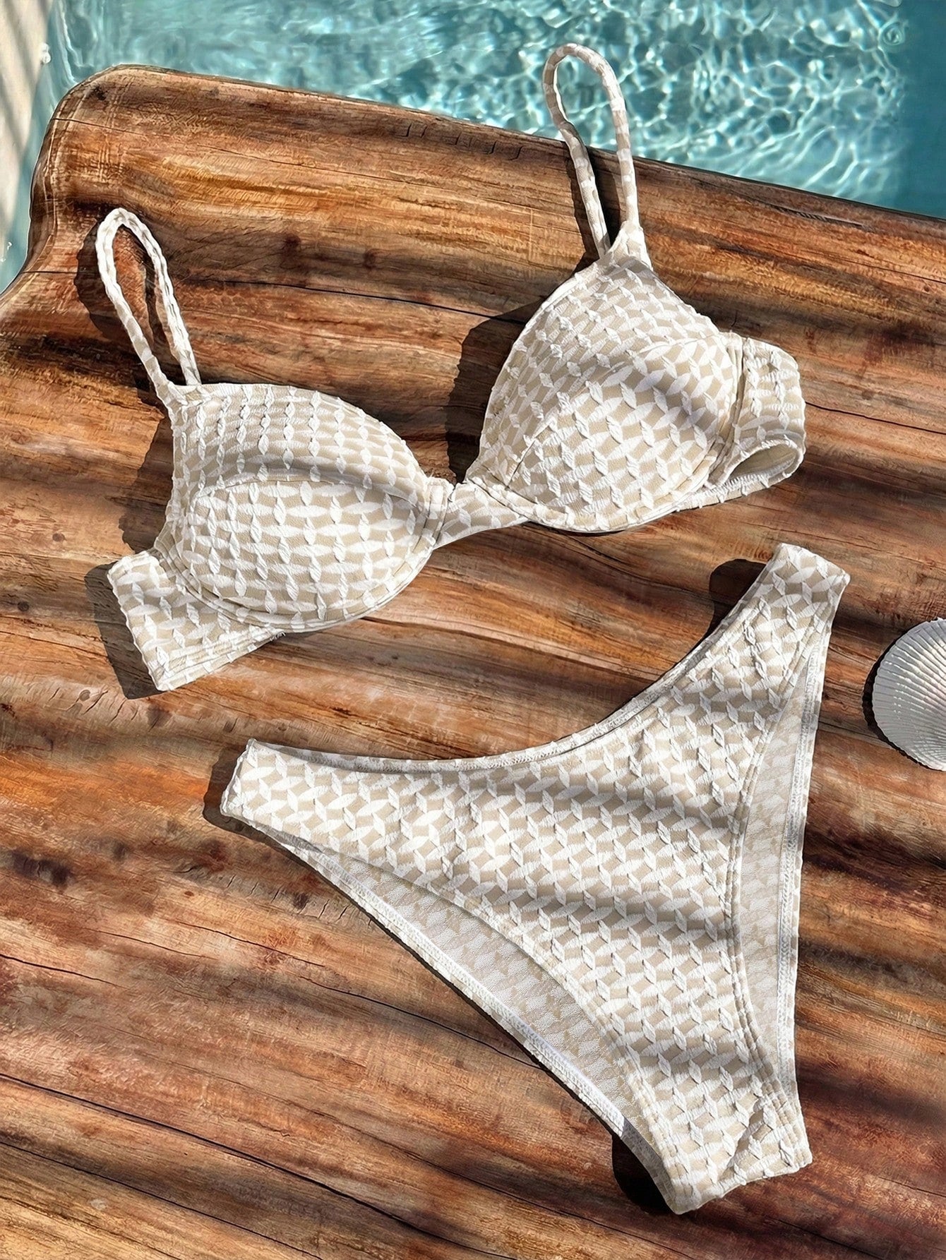 Bikinx Women's Jacquard Textured Fabric Bikini Swimwear, Spaghetti Strap Backles