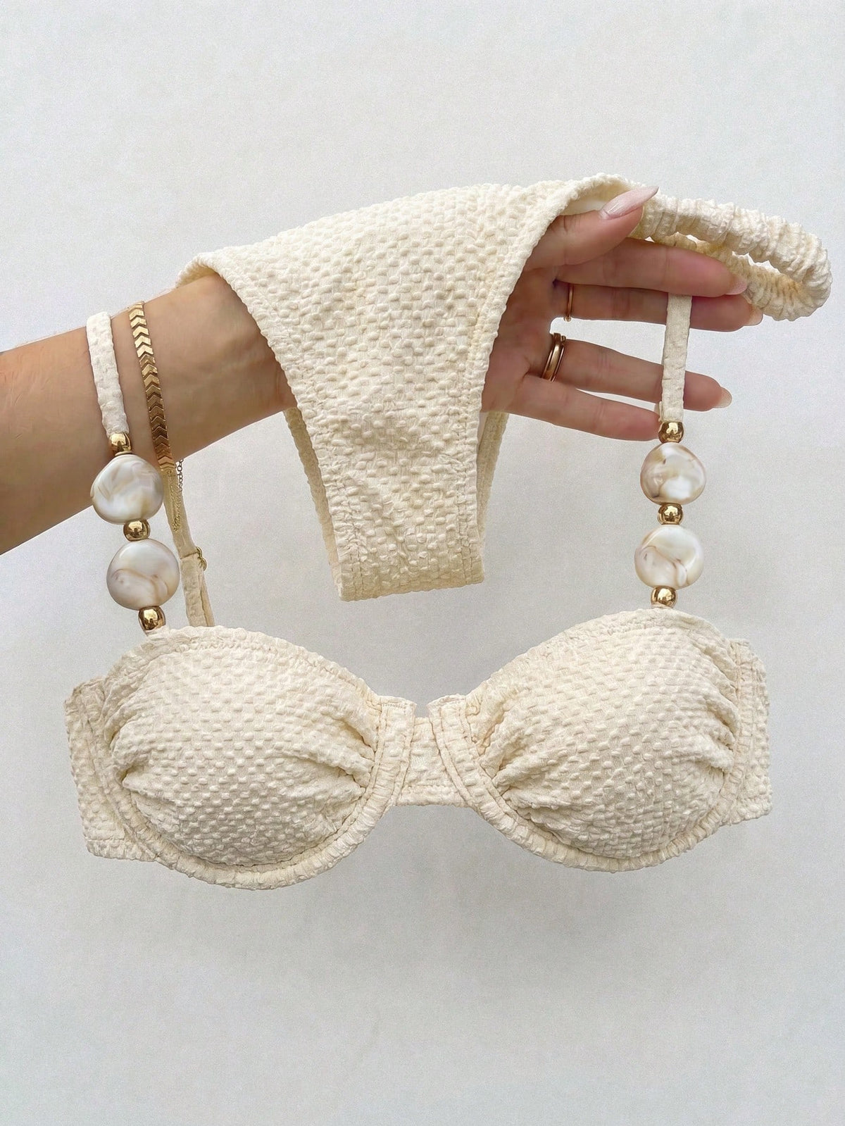 Bikinx Women's Elegant Beaded Stone Decor Textured Bikini Set, Backless Underwire Design, Suitable For Beach