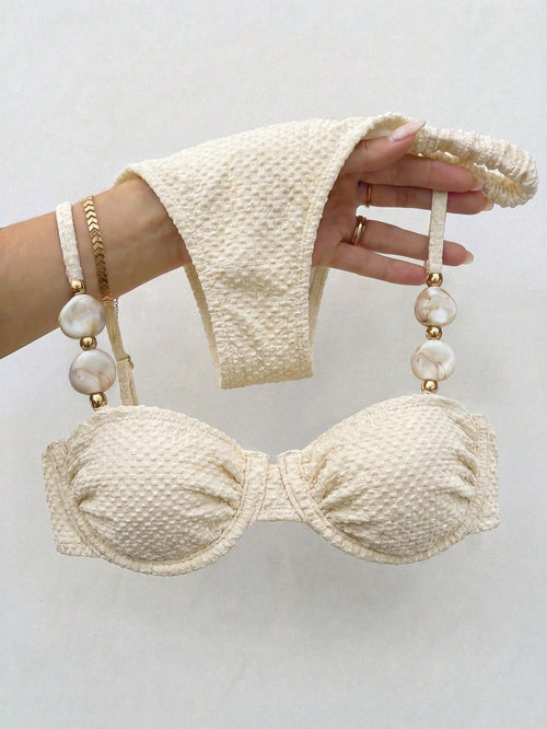 Bikinx Women's Elegant Beaded Stone Decor Textured Bikini Set, Backless Underwire Design, Suitable For Beach