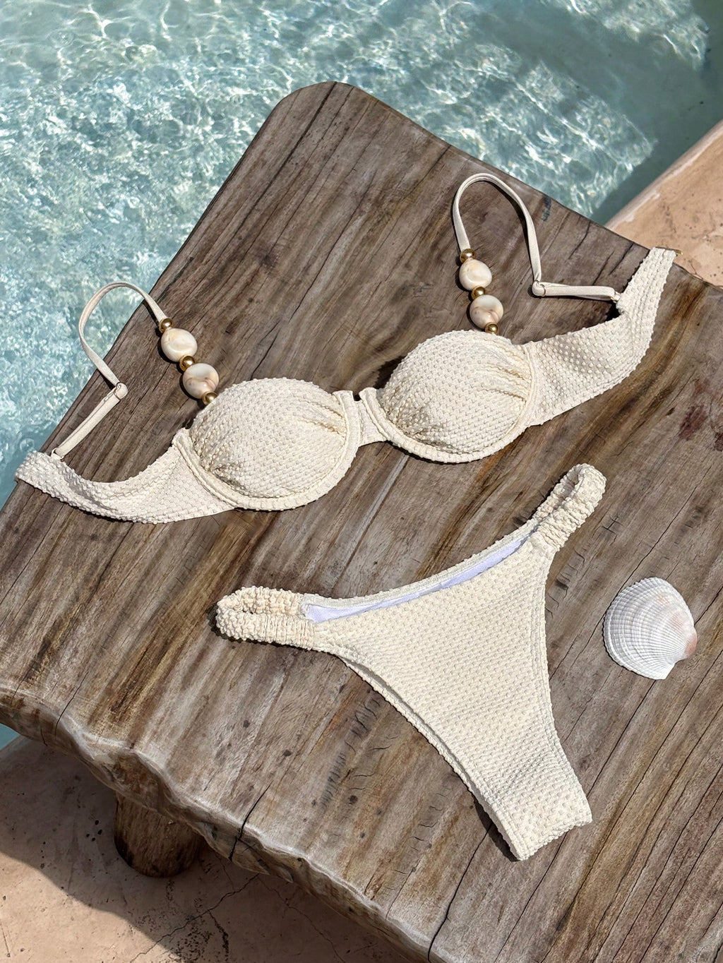 Bikinx Women's Elegant Beaded Stone Decor Textured Bikini Set,