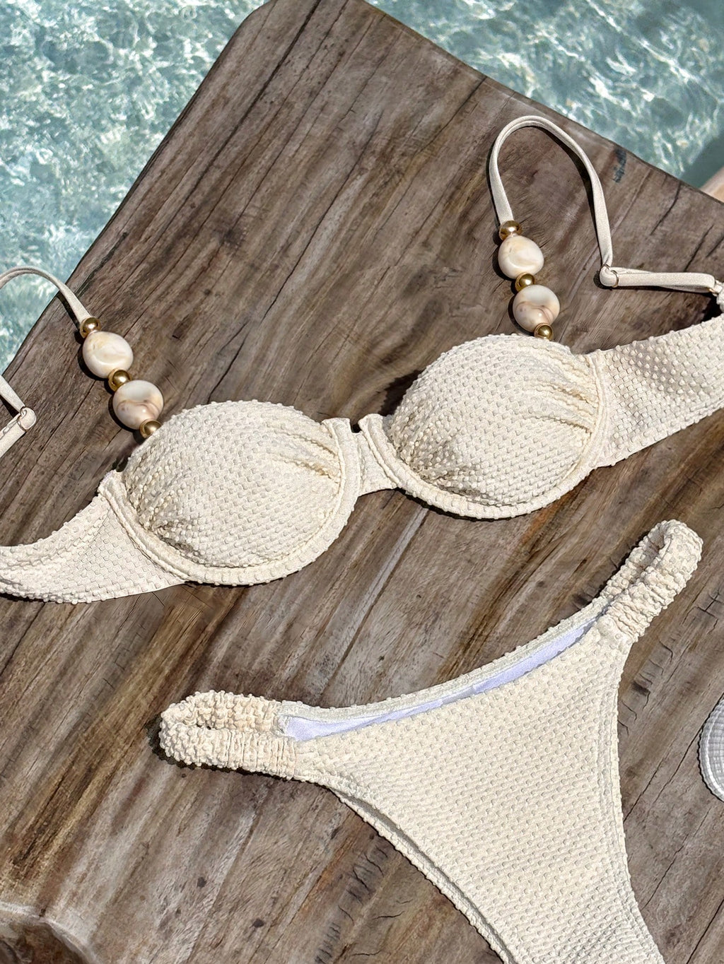 Bikinx Women's Elegant Beaded Stone Decor Textured Bikini Set,