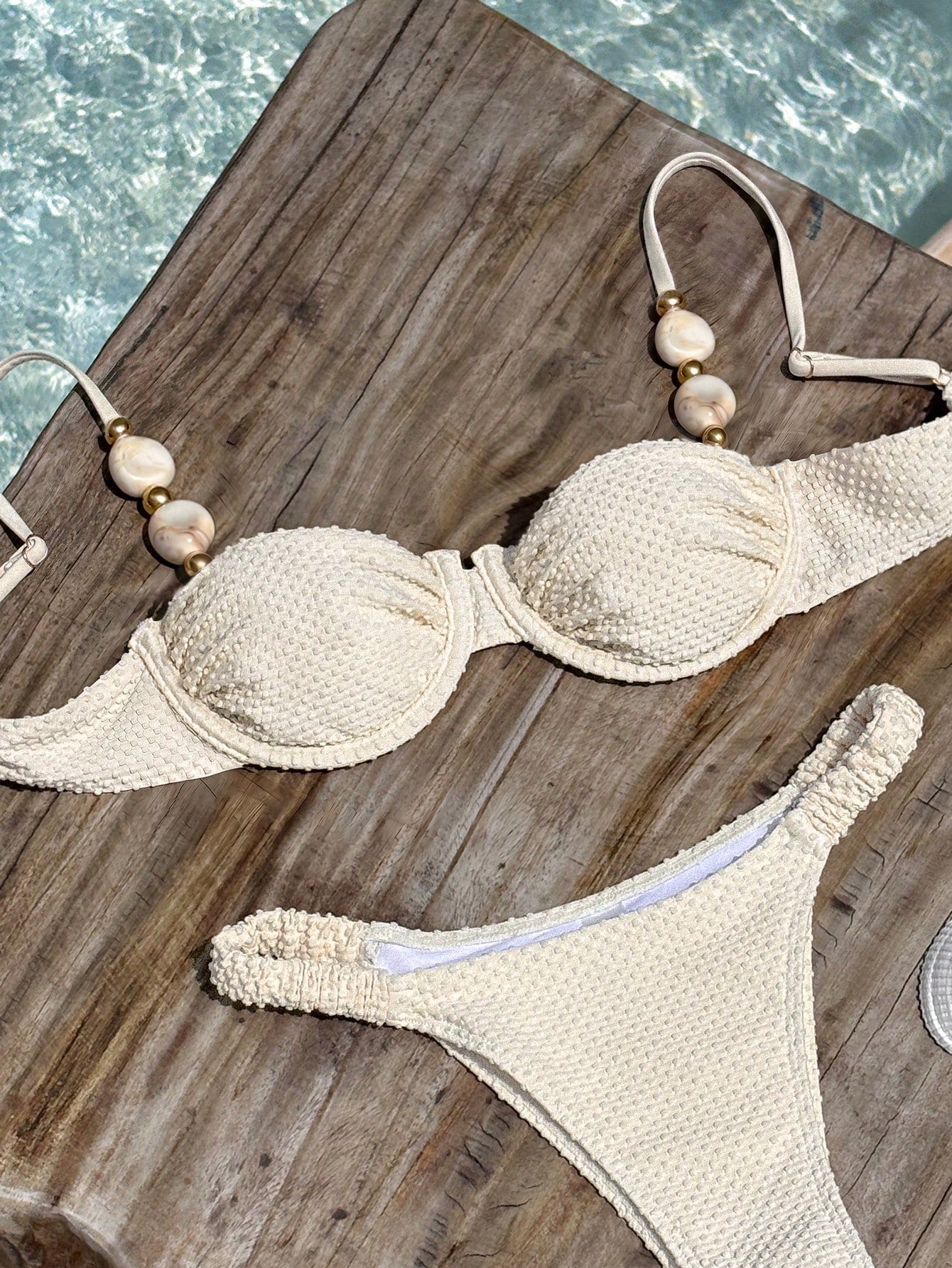 Bikinx Women's Elegant Beaded Stone Decor Textured Bikini Set,