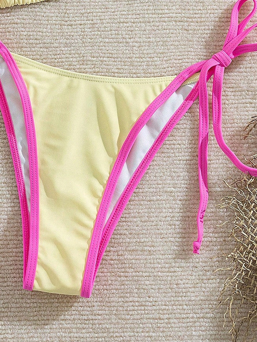 Women's Solid Color Contrast Bikini Set, Halter Neck Tie Back Open Back Swimwear