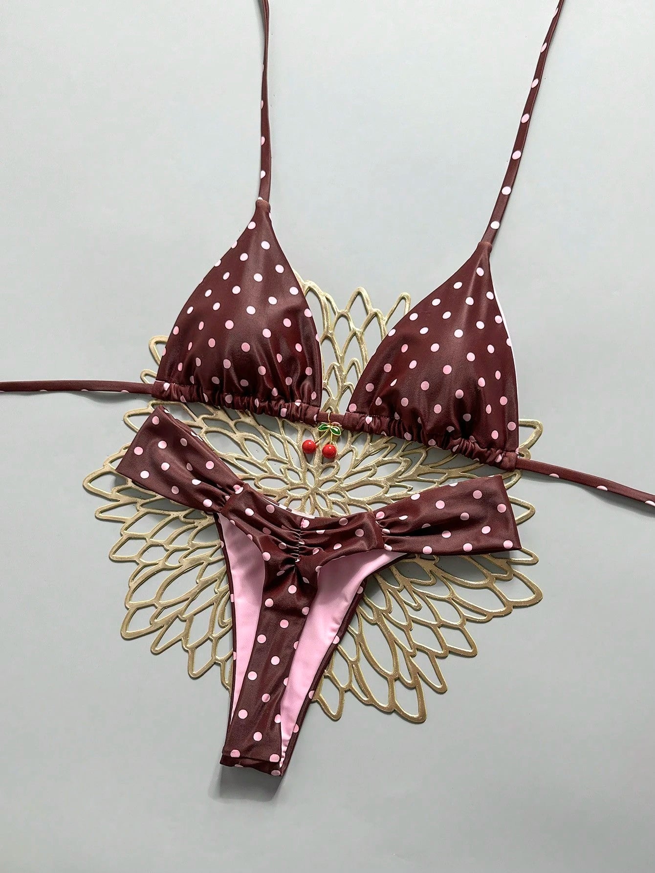 Swim Mod 2 Pieces Set,Cherry Print Halter Triangle Bikini Top And Red