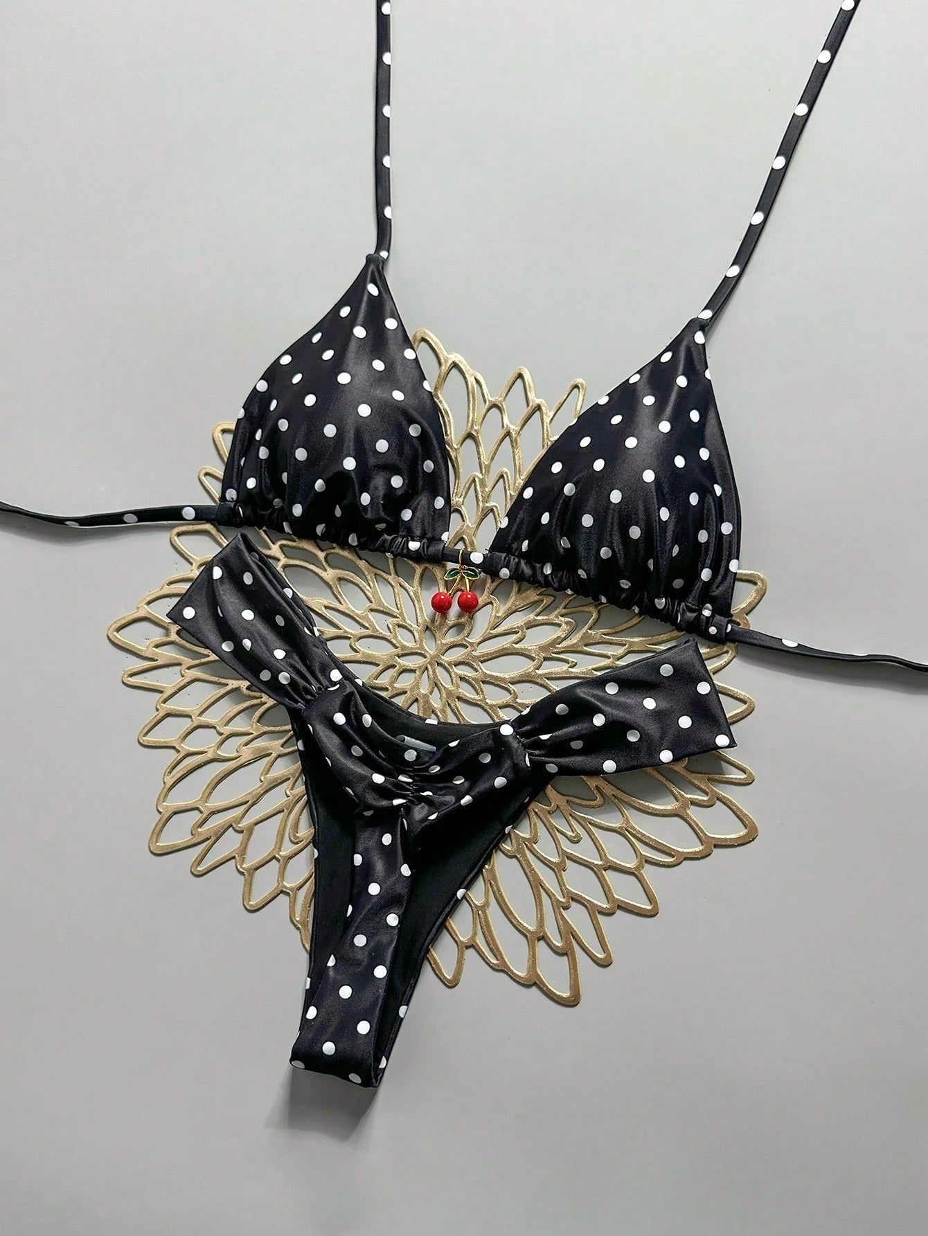 Swim Mod 2 Pieces Set,Cherry Print Halter Triangle Bikini Top And Red