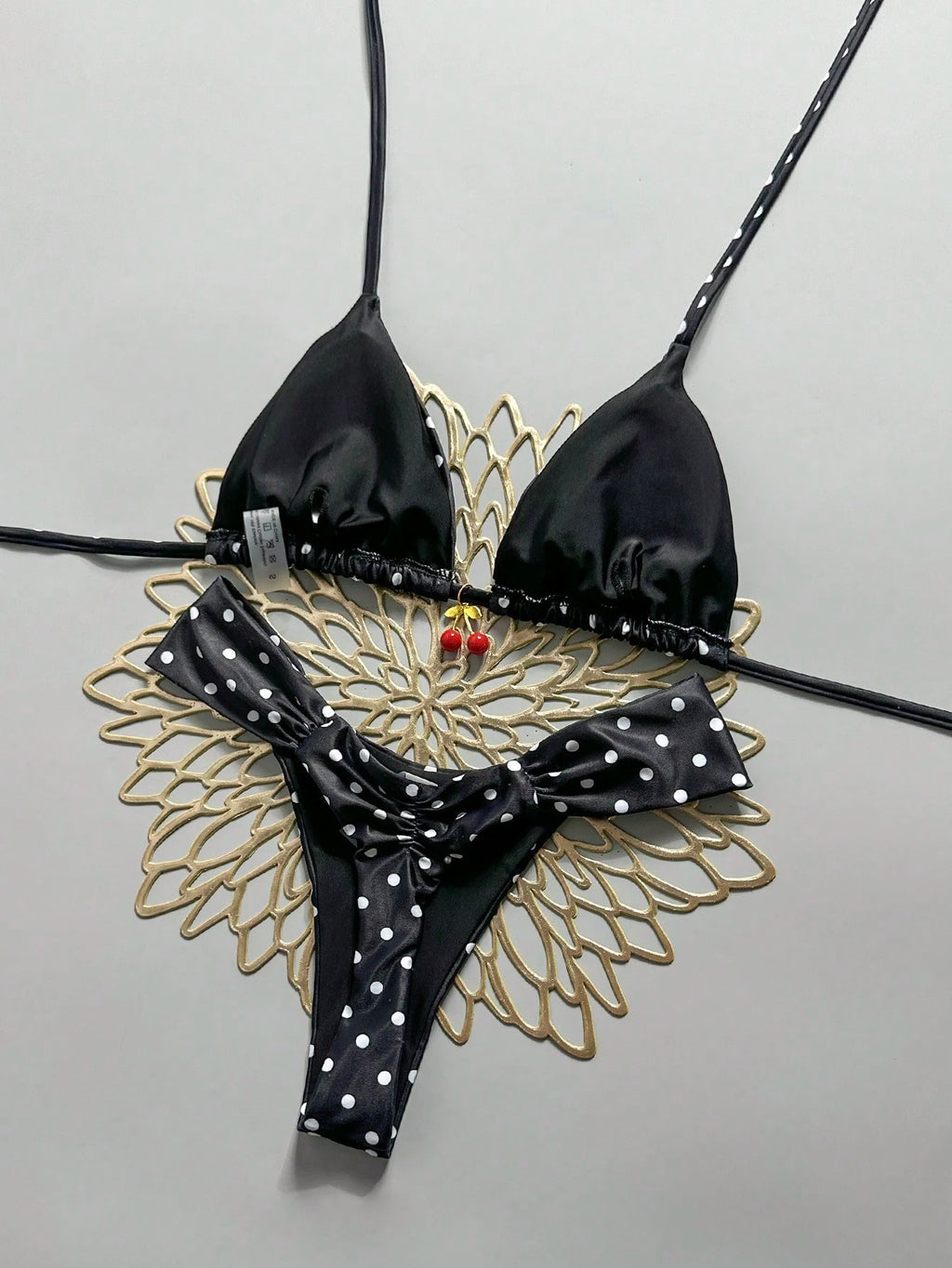 Swim Mod 2 Pieces Set,Cherry Print Halter Triangle Bikini Top And Red
