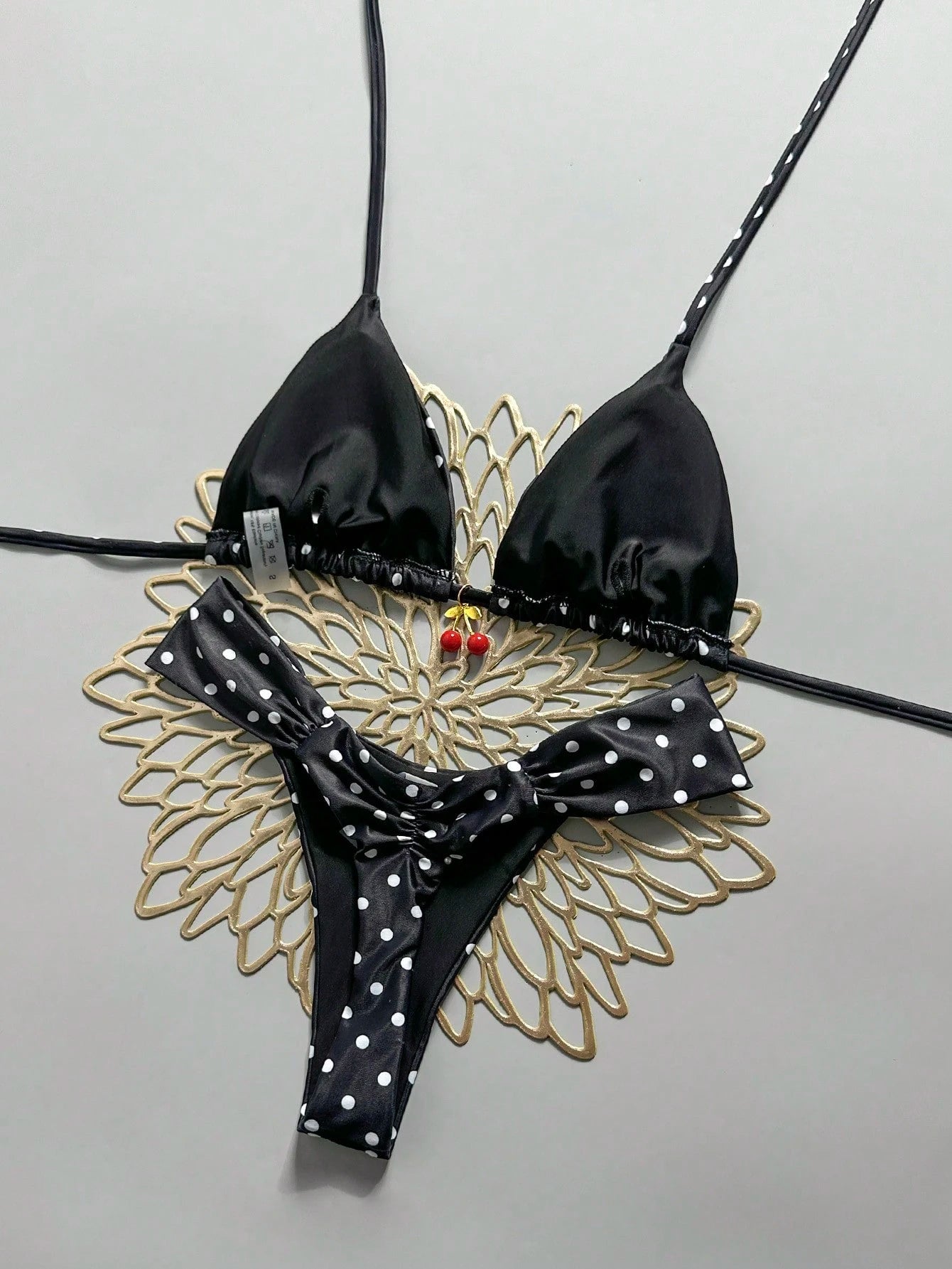 Swim Mod 2 Pieces Set,Cherry Print Halter Triangle Bikini Top And Red