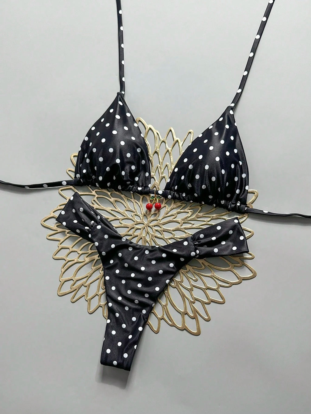Swim Mod 2 Pieces Set,Cherry Print Halter Triangle Bikini Top And Red