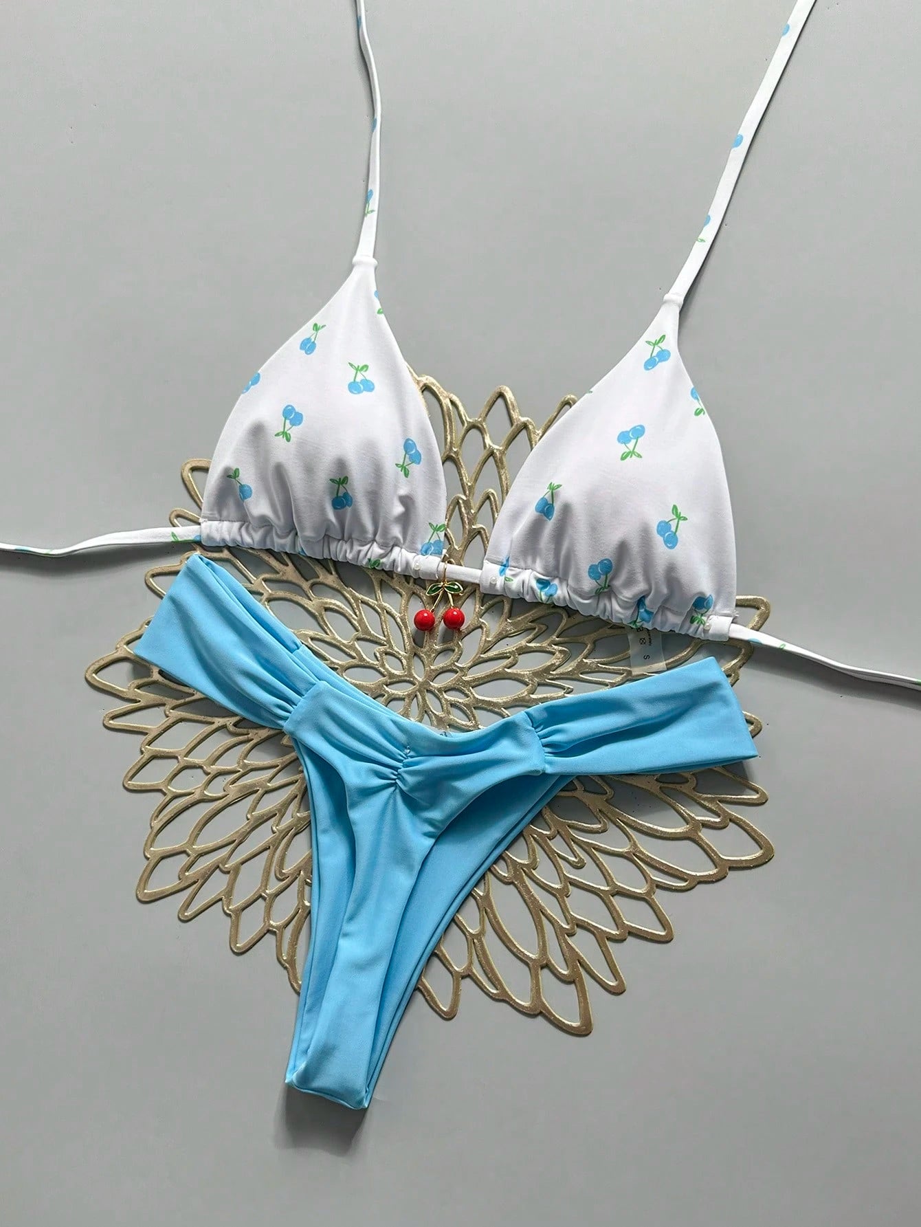 Swim Mod 2 Pieces Set,Cherry Print Halter Triangle Bikini Top And Red