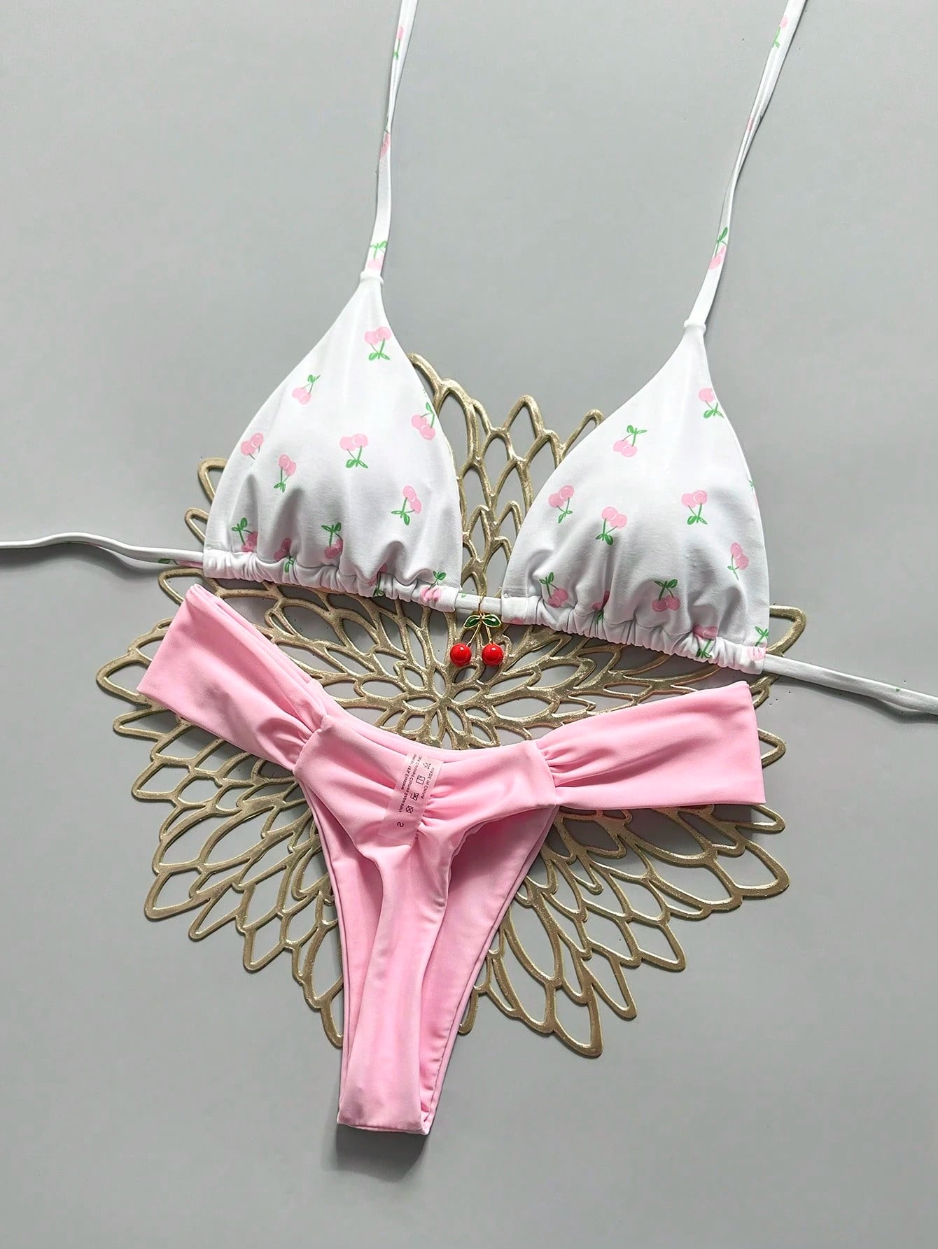 Swim Mod 2 Pieces Set,Cherry Print Halter Triangle Bikini Top And Red