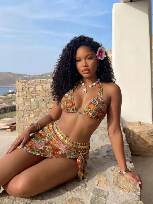 BamGleam Women's 3-Piece Swimwear Set: Floral & Leopard Print Chain Halter Backless Mini Dress, Sexy Beach - image 2