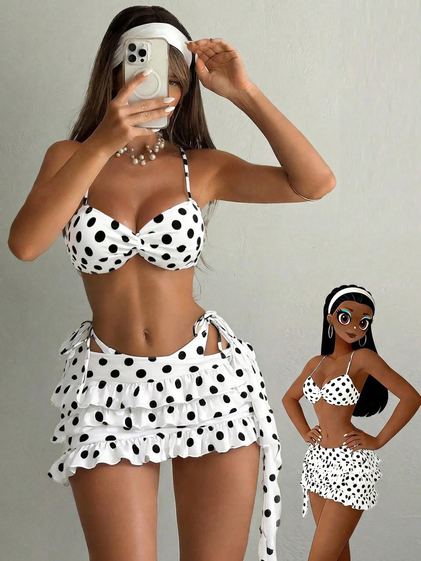 Bonvoyette Women's 3 Piece White With Black Polka Dots Bikini Set,Summer 70s Retro Holiday Beach Outfits,Pool - image 15
