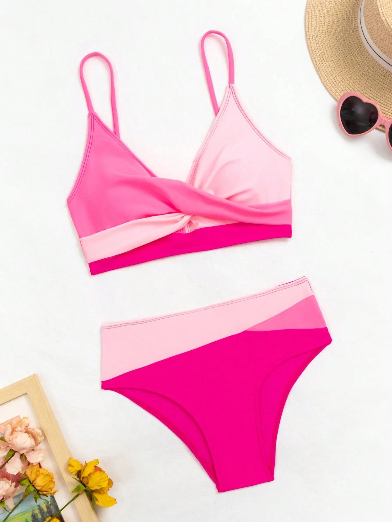 Swim Women Summer Beach Color-Block Spaghetti Strap Bikini Set