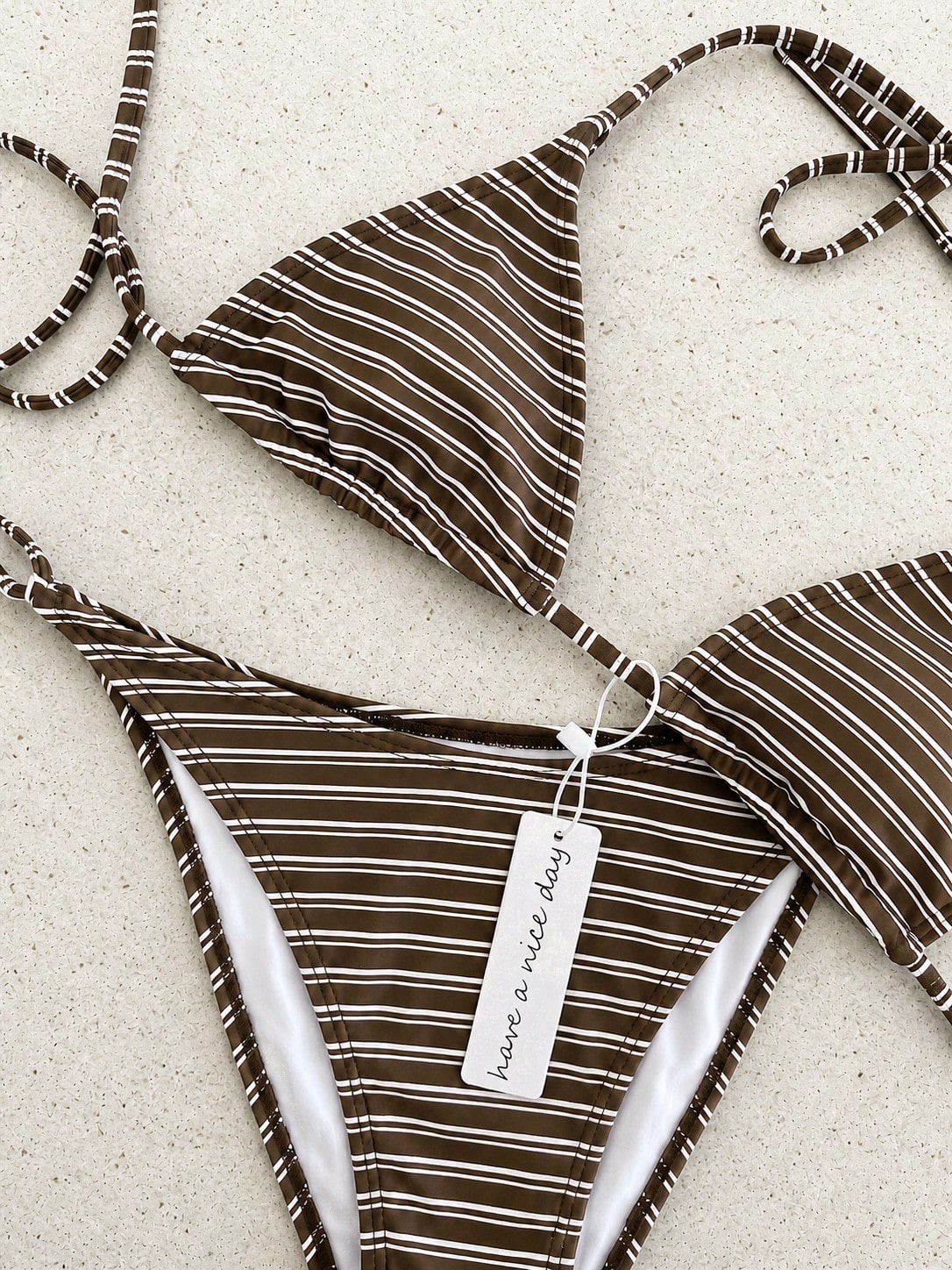 Retro Navy Blue & Black Striped Spaghetti Strap Tie Bikini Set, Sexy