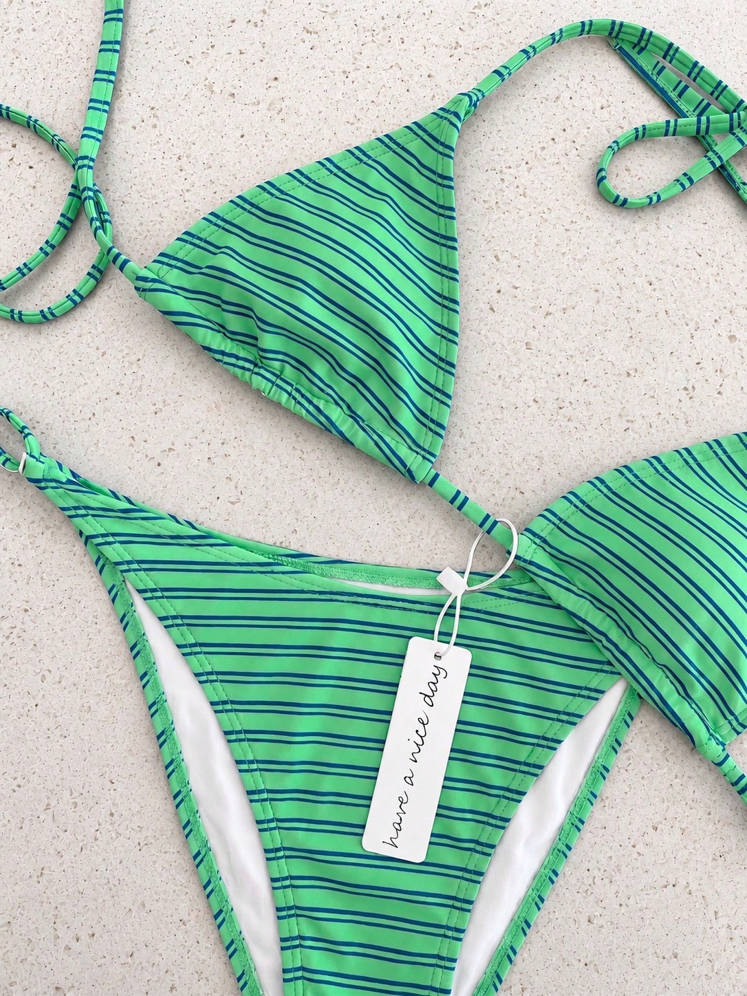 Retro Navy Blue & Black Striped Spaghetti Strap Tie Bikini Set, Sexy