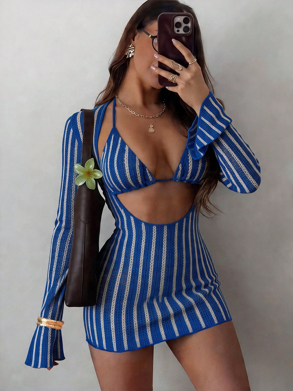 Swim SXY 3pcs/Set Women's Sexy Colorful Hollow Striped Cover-Up, Triangle Bikini