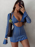 Swim SXY 3pcs/Set Women's Sexy Colorful Hollow Striped Cover-Up, Triangle Bikini