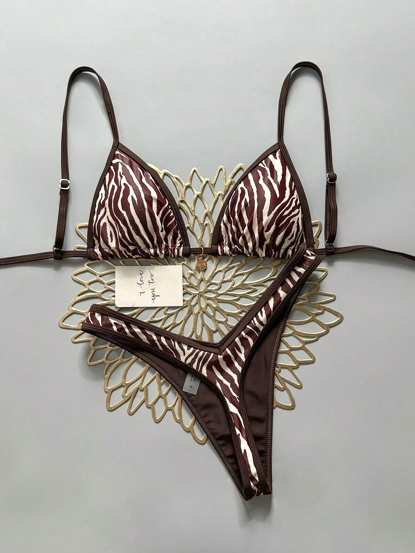 Swim Vcay 2pcs/Set Women Random Print Gold Accessory, Halter Top And