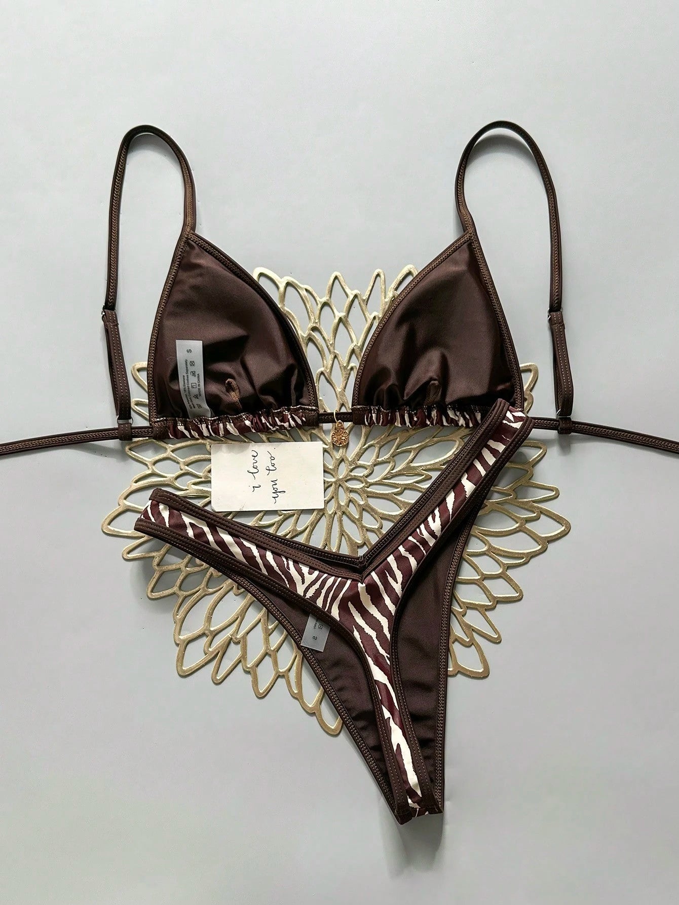 Swim Vcay 2pcs/Set Women Random Print Gold Accessory, Halter Top And