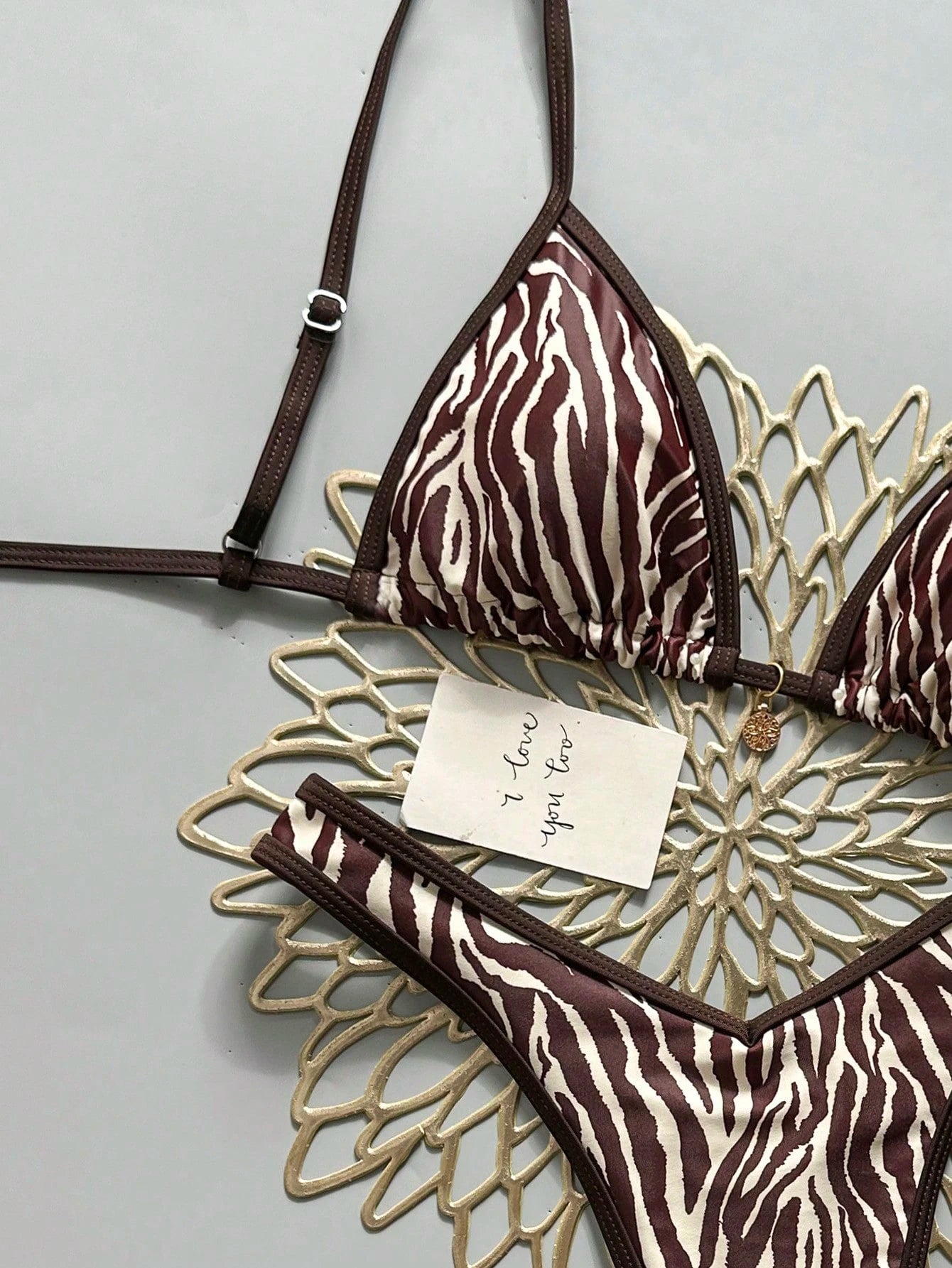 Swim Vcay 2pcs/Set Women Random Print Gold Accessory, Halter Top And