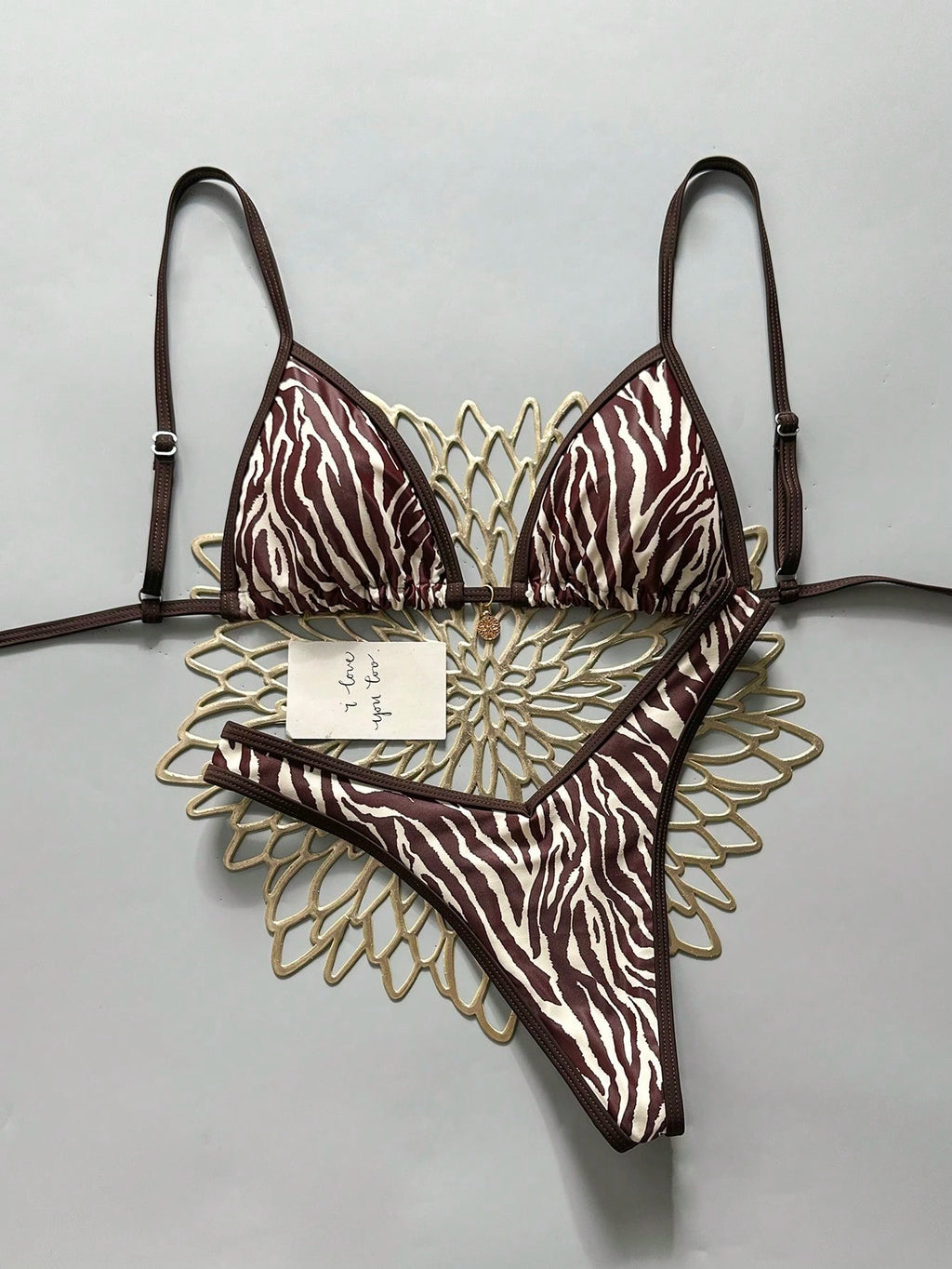 Swim Vcay 2pcs/Set Women Random Print Gold Accessory, Halter Top And