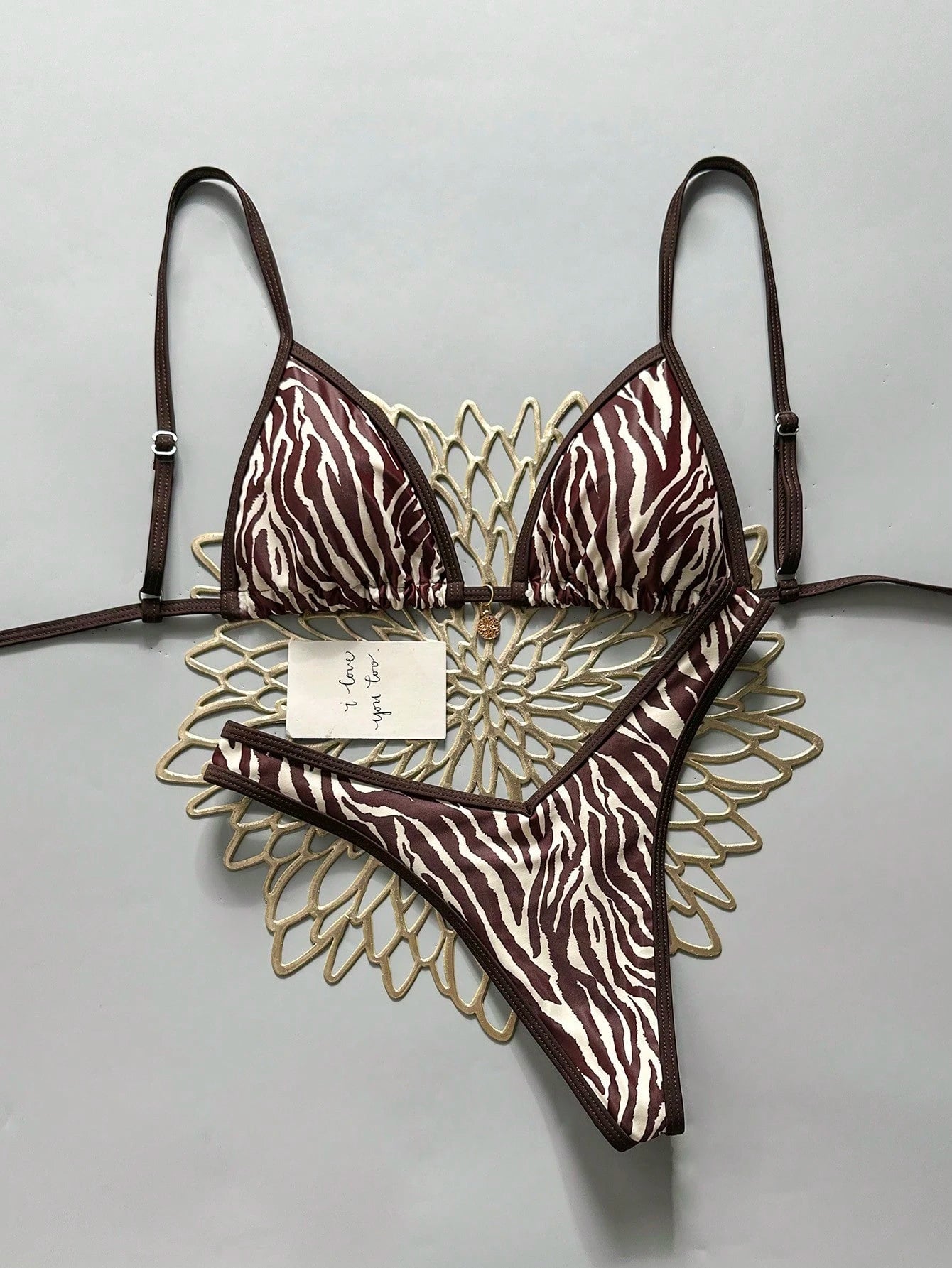 Swim Vcay 2pcs/Set Women Random Print Gold Accessory, Halter Top And