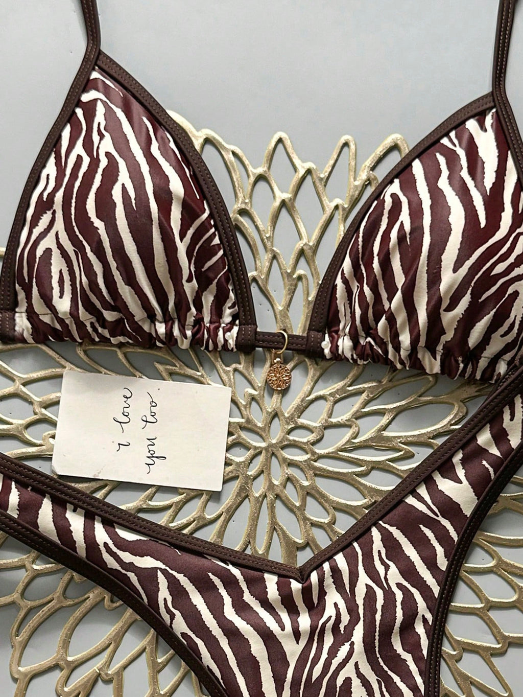 Swim Vcay 2pcs/Set Women Random Print Gold Accessory, Halter Top And