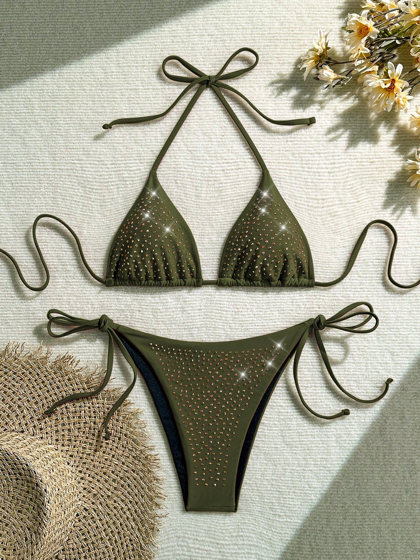 Summer Black Rhinestone Decor Bikini 2 Pieces Set, Fitted