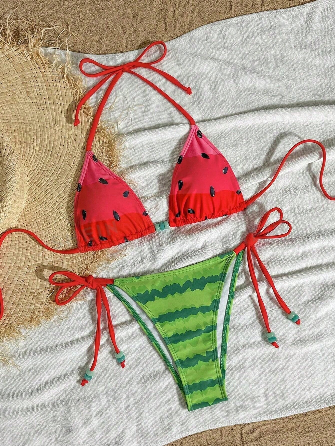 Swim Mod Women's Watermelon Print Halter Neck Tankini Bikini Set Set,