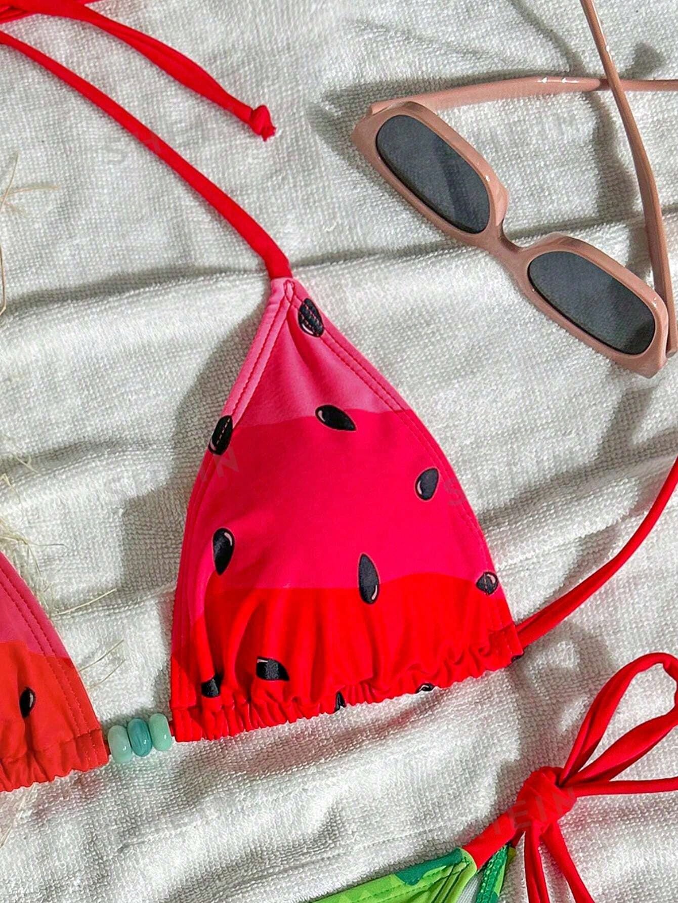 Swim Mod Women's Watermelon Print Halter Neck Tankini Bikini Set Set,