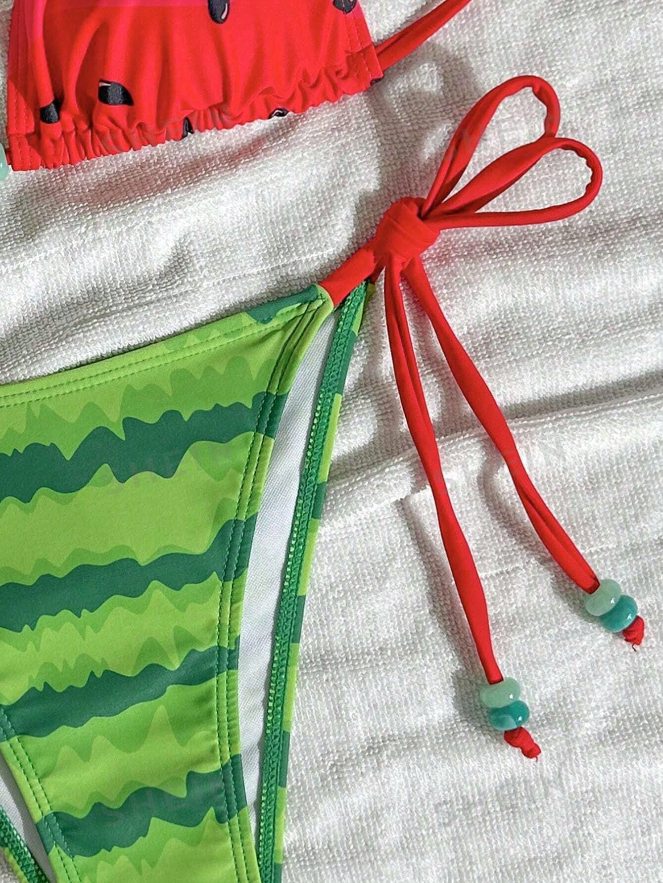 Swim Mod Women's Watermelon Print Halter Neck Tankini Bikini Set Set,