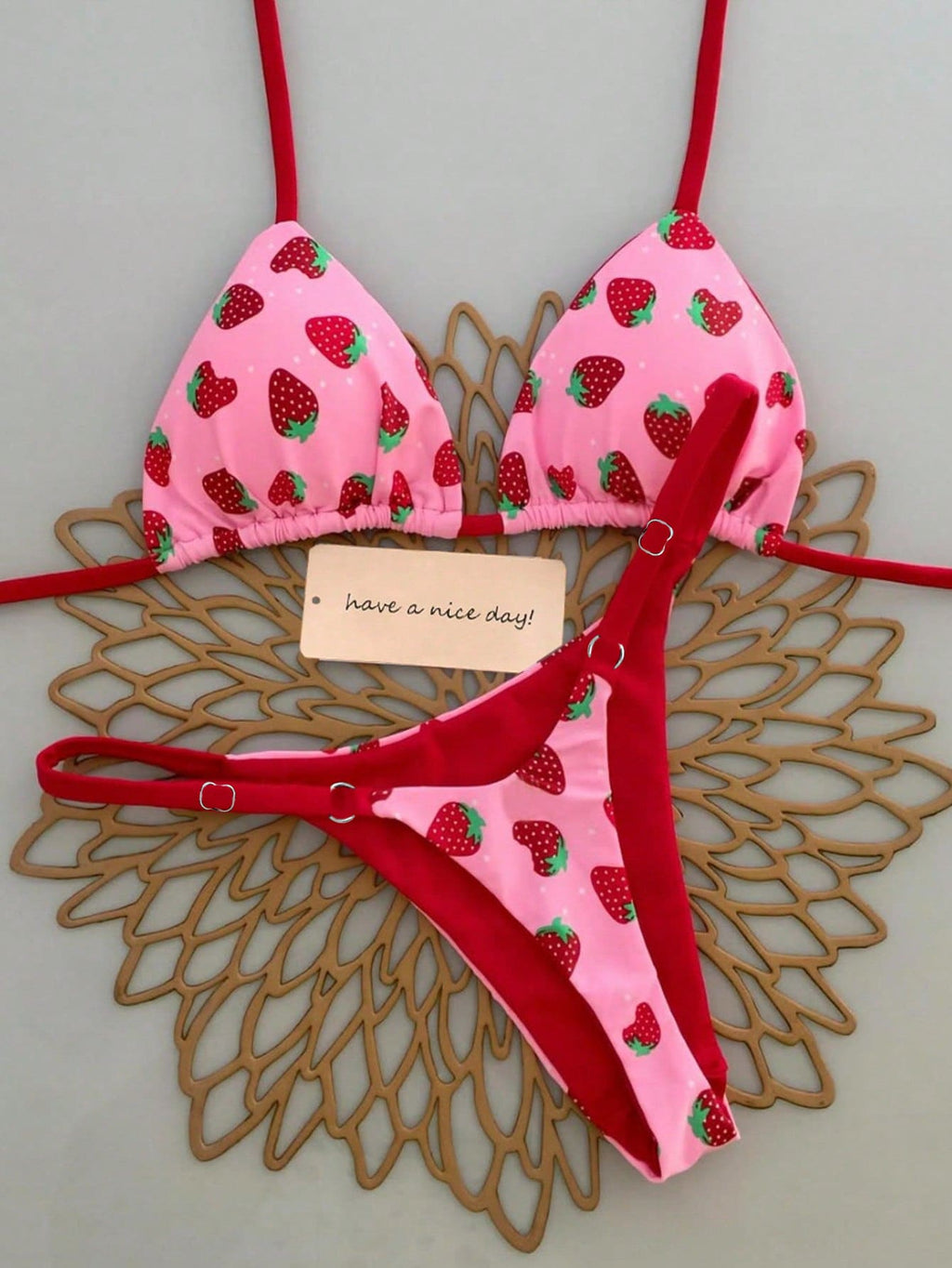 2pcs/Set Fruit Allover Print Strawberry Sexy Backless Tie Bikini Set, For Beach,