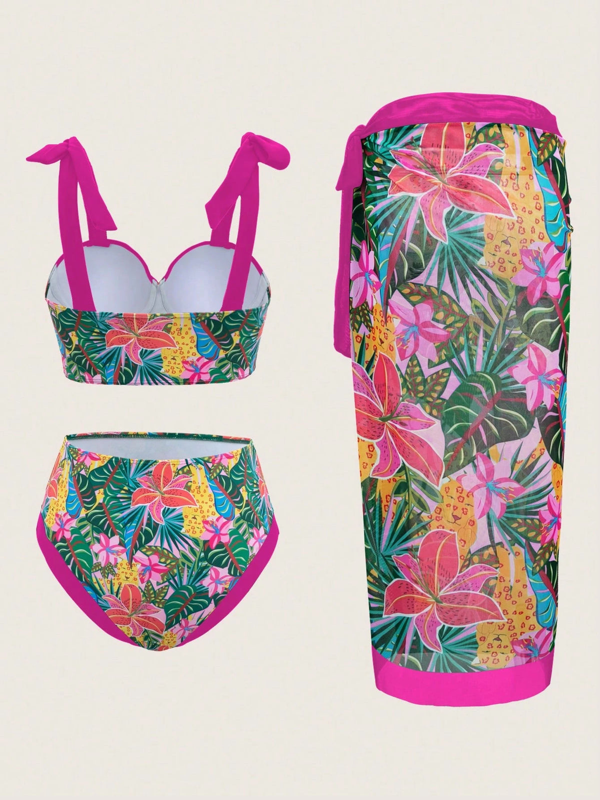 Swim Oasis 3pcs Women Bikini Set: Strappy Swimsuit + Triangle Bikini Bottom + Sarong Skirt For Summer Beach - image 12