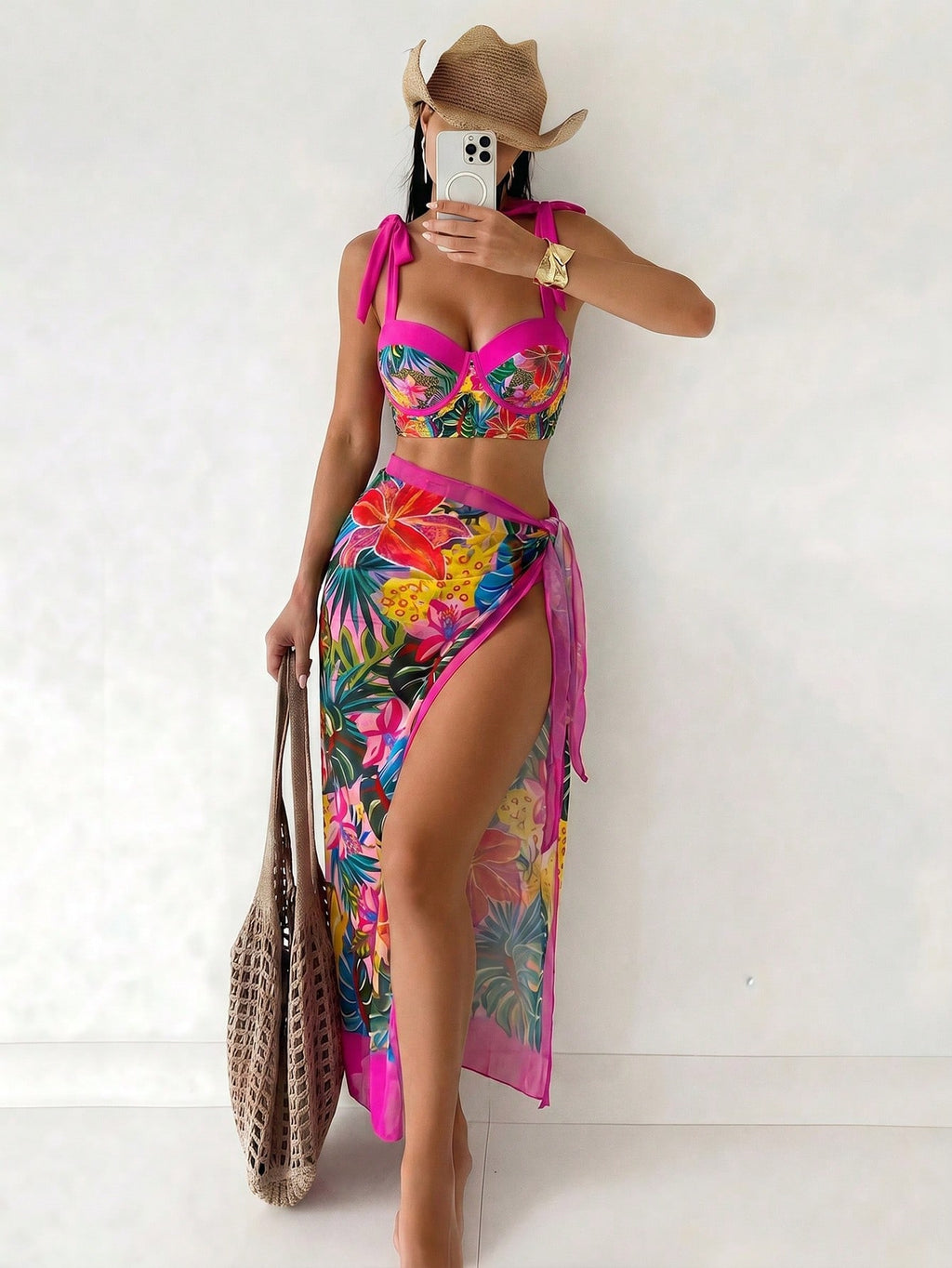 Swim Oasis 3pcs Women Bikini Set: Strappy Swimsuit + Triangle Bikini