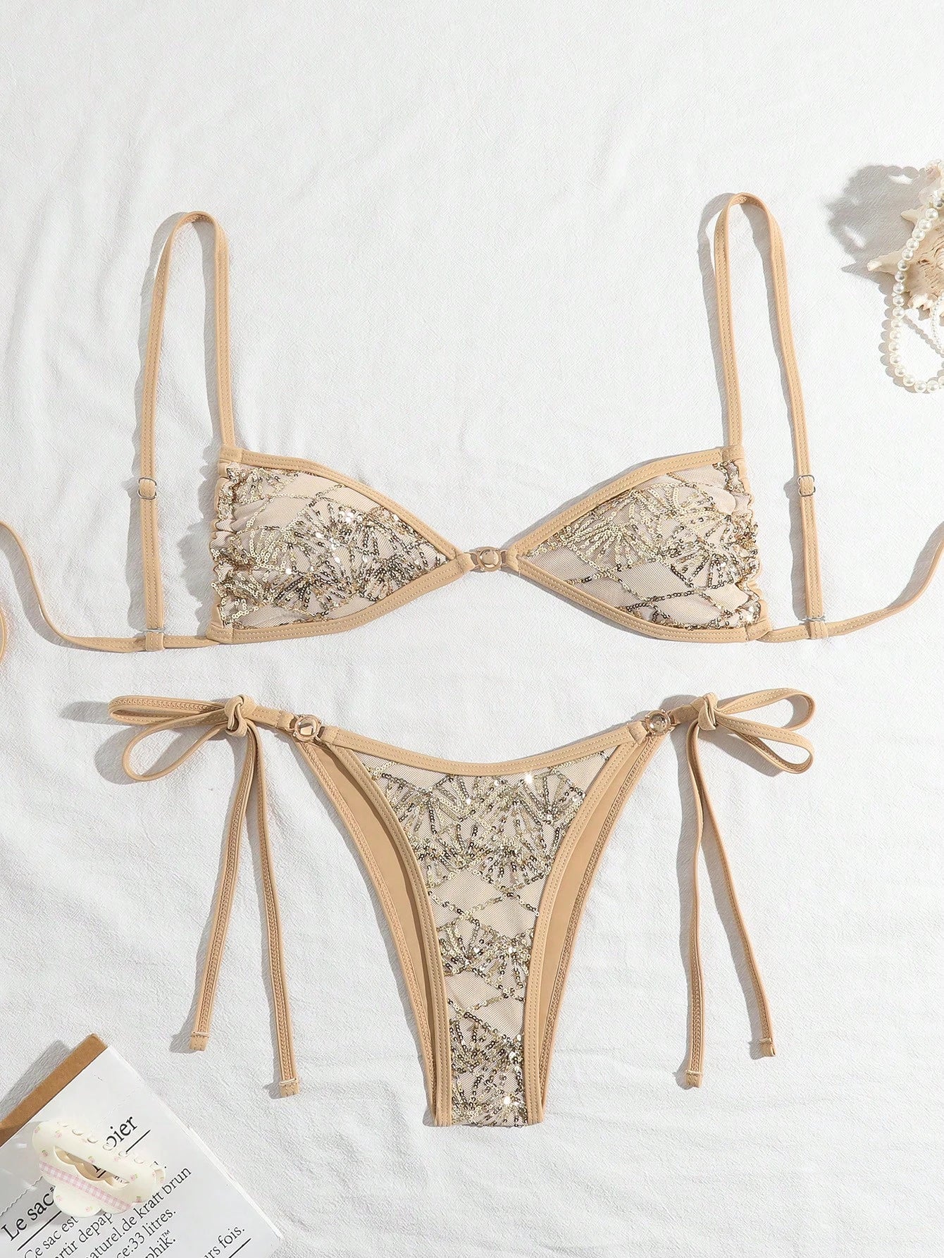 Swim Mod 2pcs/Set Women Summer Beach Vacation Textured Fabric Pearl