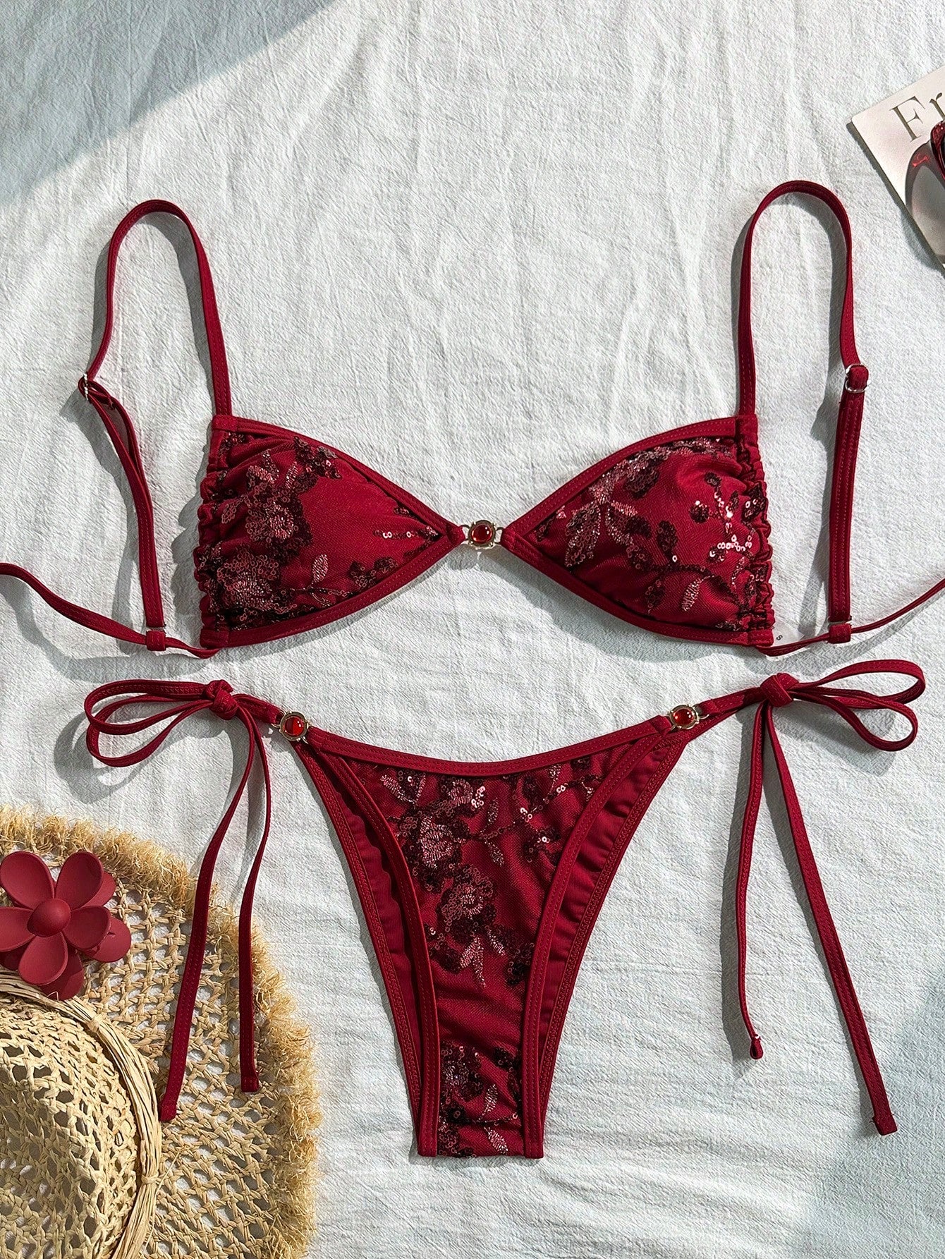 Swim Mod 2pcs/Set Women Summer Beach Vacation Textured Fabric Pearl