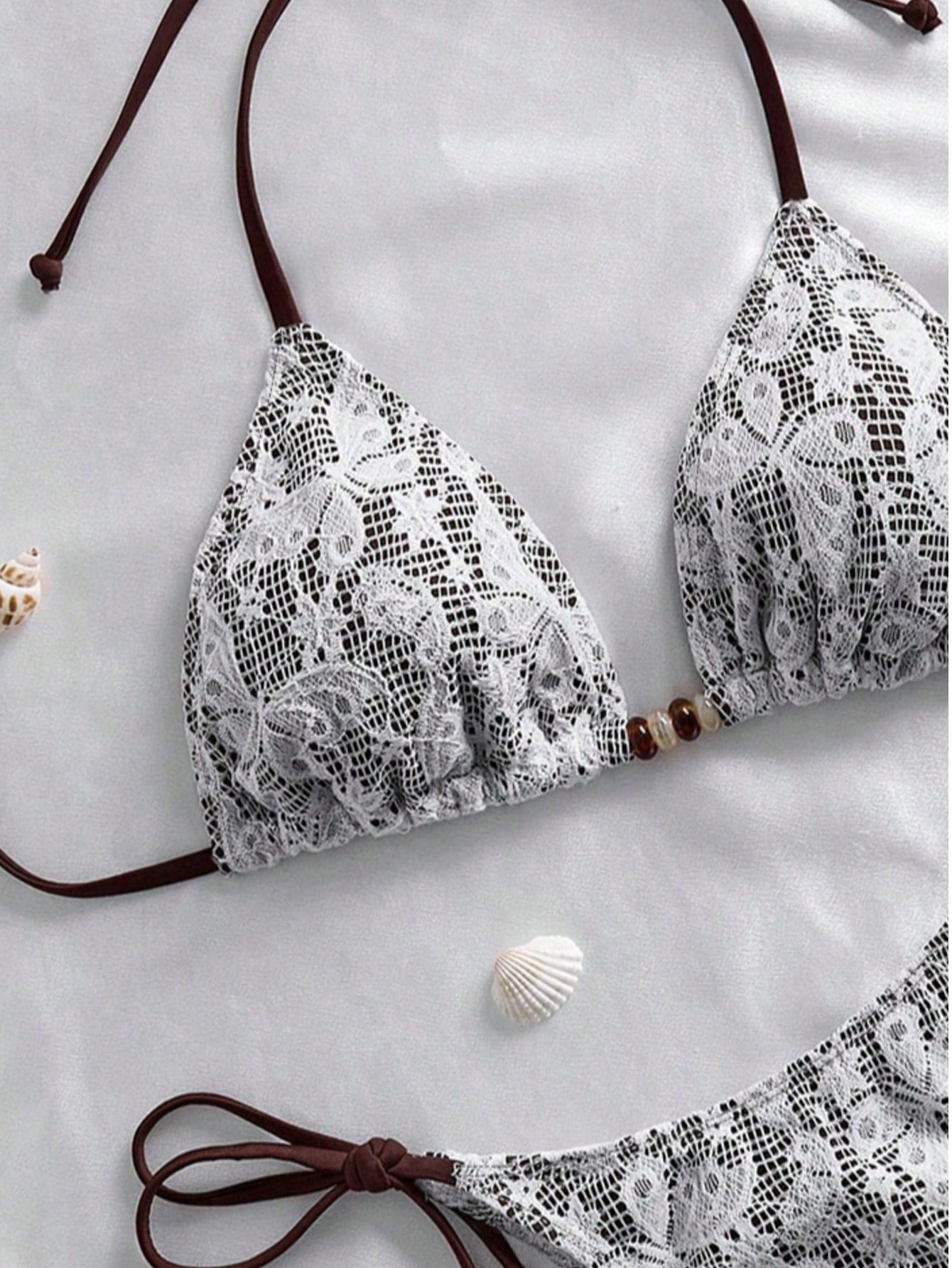 Women's Elegant Sweet Pink Lace Halter Tie Bikini Set, Beaded Detail, Perfect Fo